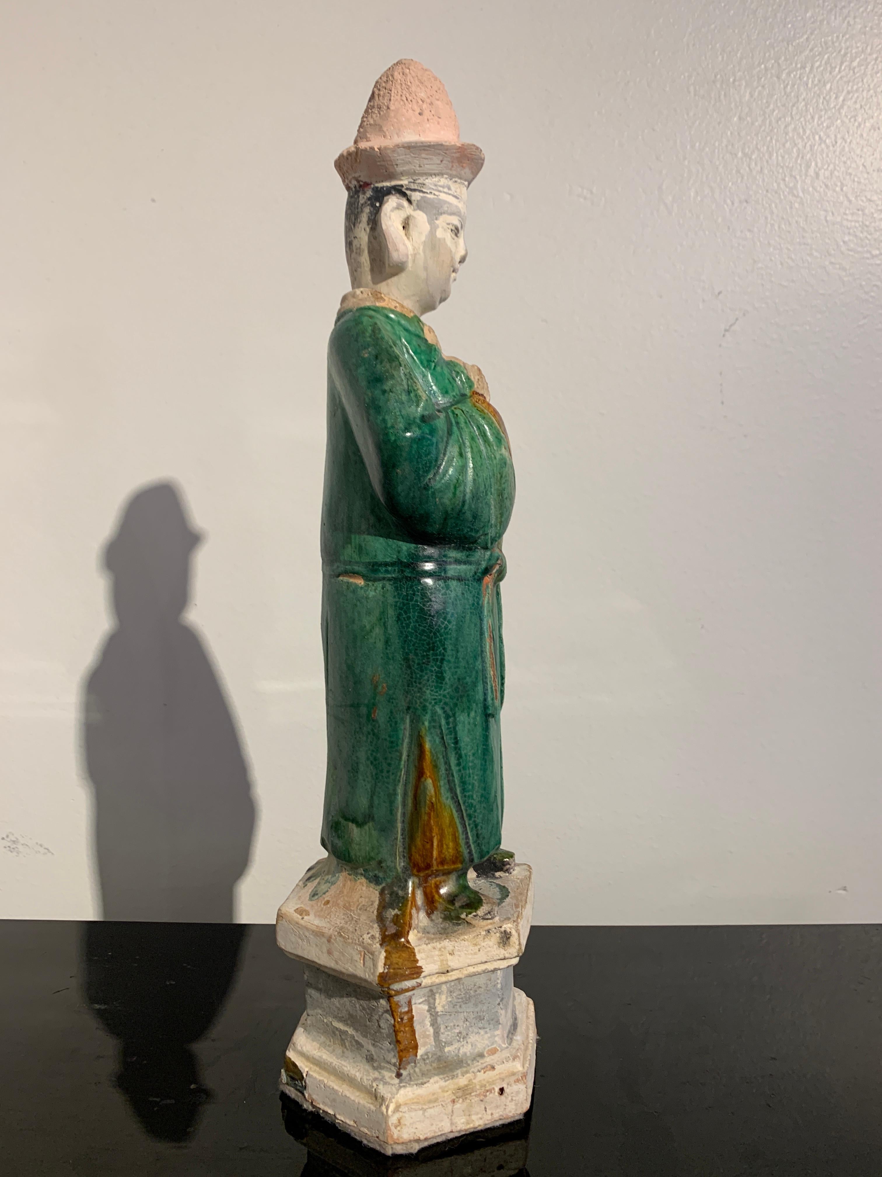 Cold-Painted Chinese Ming Dynasty Green Glazed Attendant Figure, 16th-17th Century, China