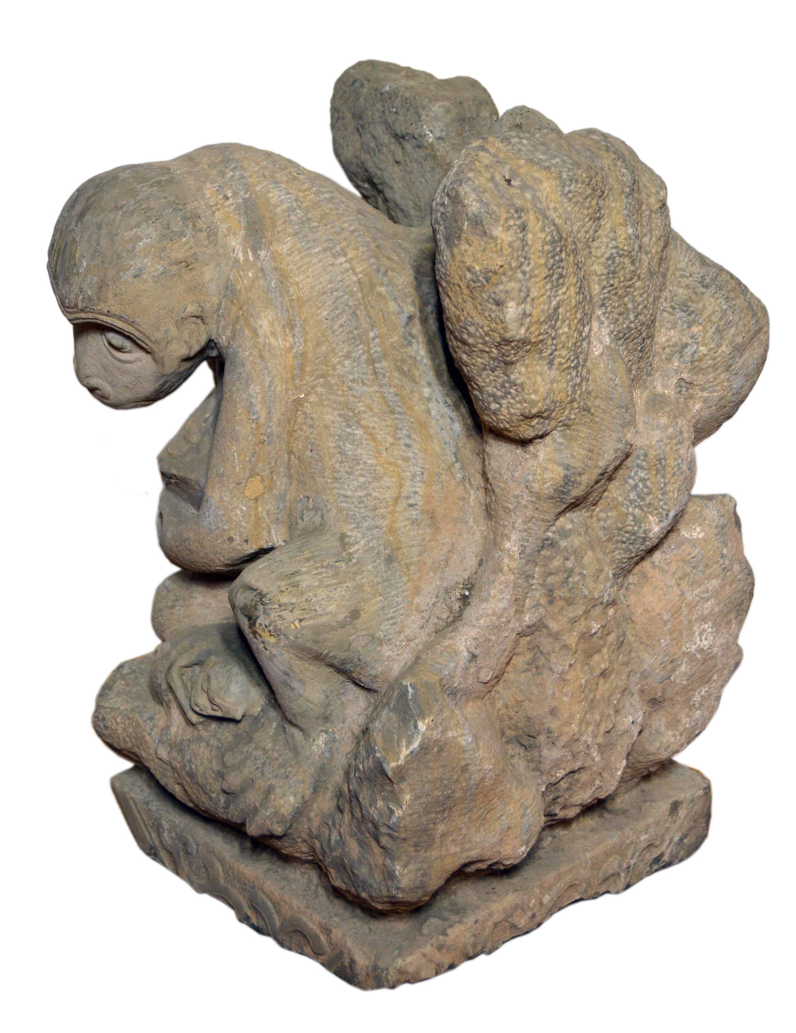 Hand-Carved Chinese Ming Dynasty Hand Carved Stone Monkey Sculpture with Infant Monkey For Sale