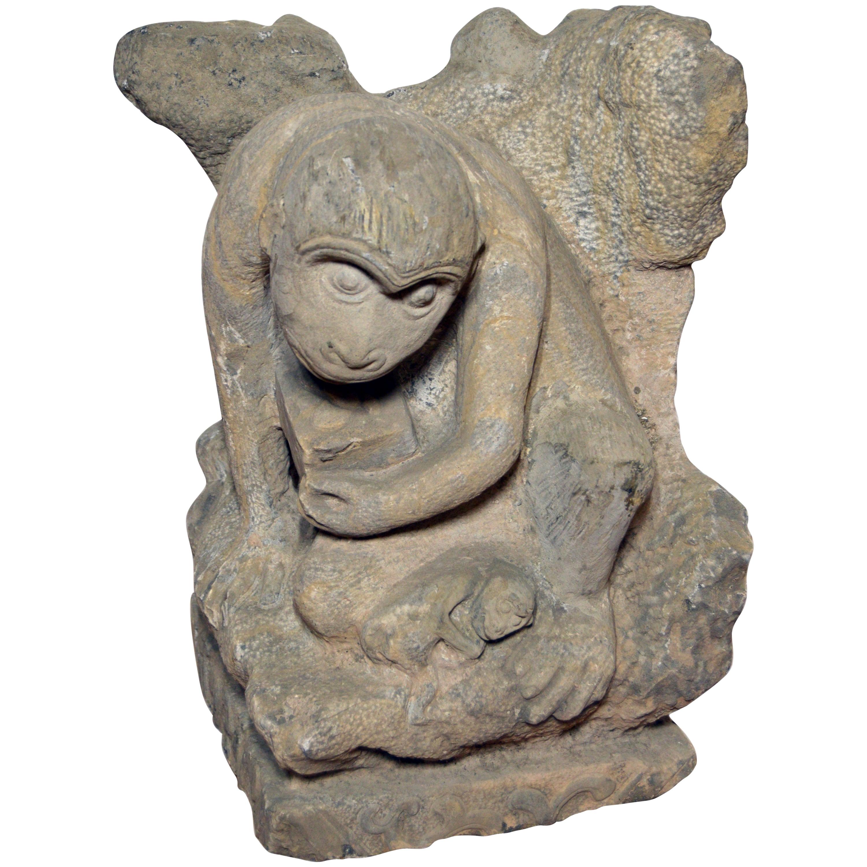 Chinese Ming Dynasty Hand Carved Stone Monkey Sculpture with Infant Monkey