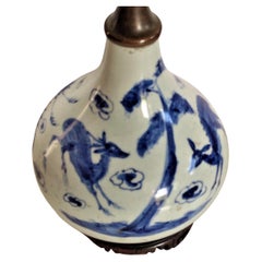 Chinese Ming Dynasty Kraak Porcelain Bottle Vase Lamp Deer Cranes