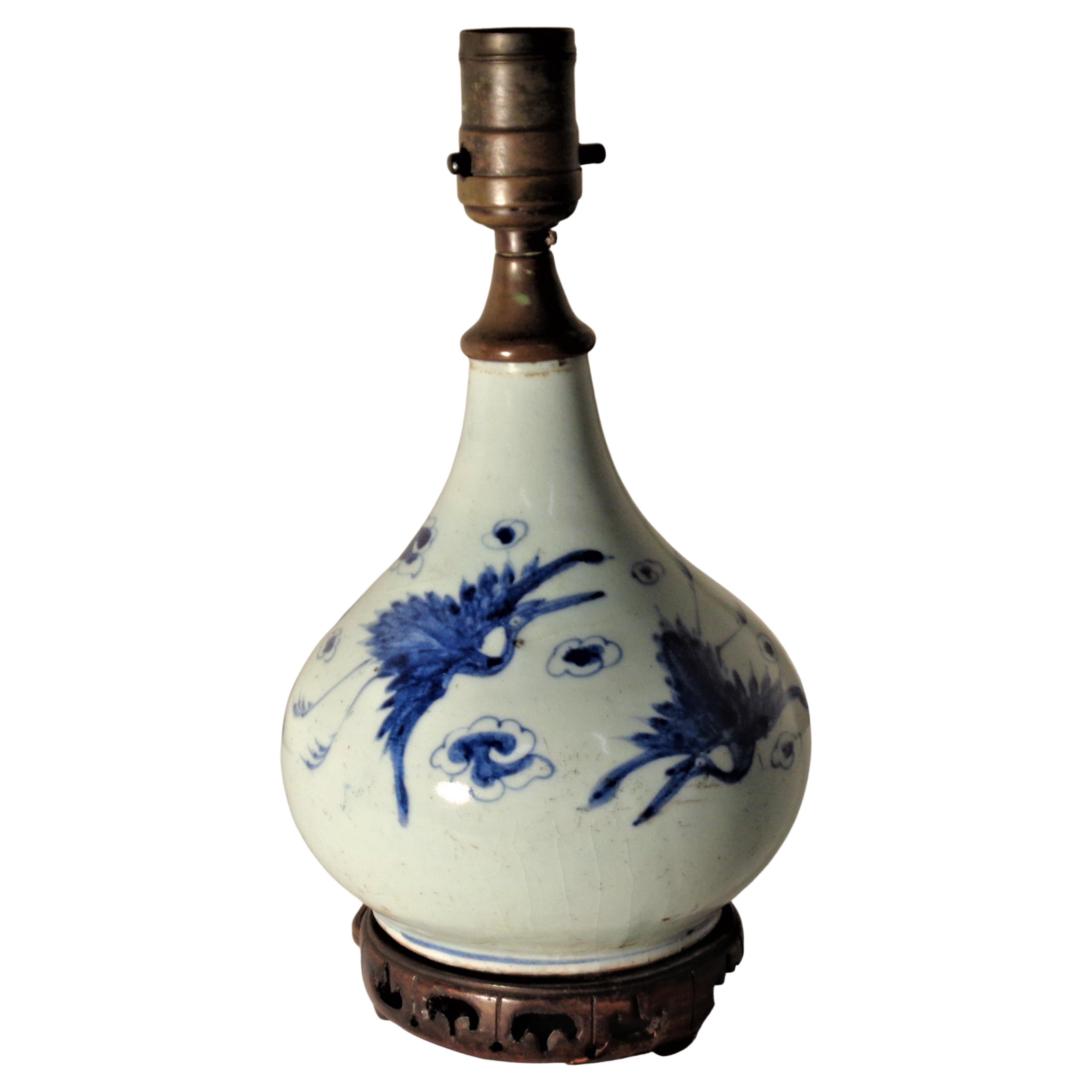 Carved Chinese Ming Dynasty Kraak Porcelain Bottle Vase Lamp Deer Cranes