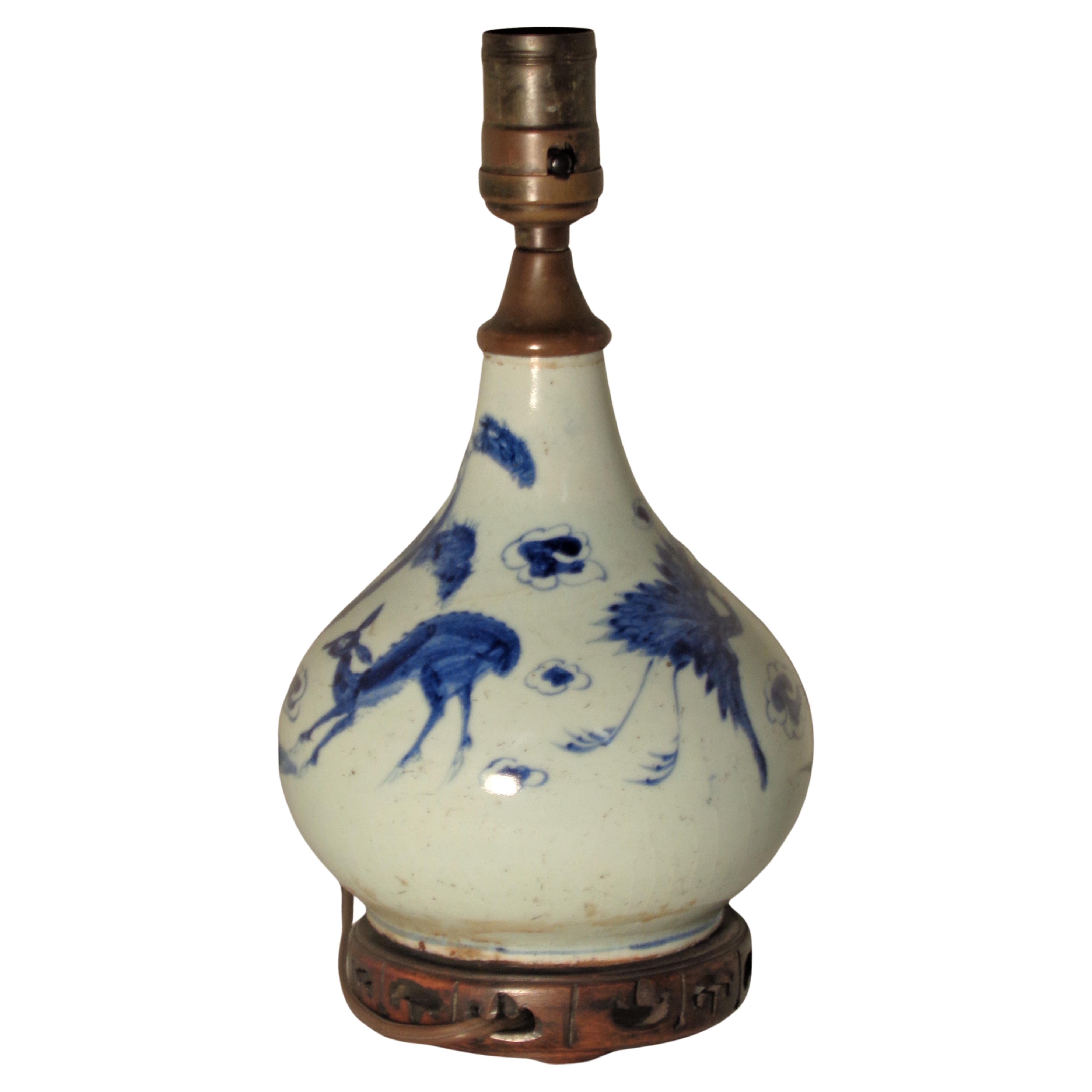 Chinese Ming Dynasty Kraak Porcelain Bottle Vase Lamp Deer Cranes 2