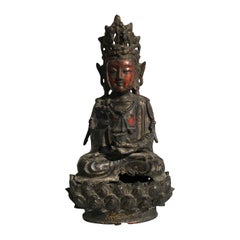 Antique Chinese Ming Dynasty Lacquered and Gilt Bronze Bodhisattva, 17th Century