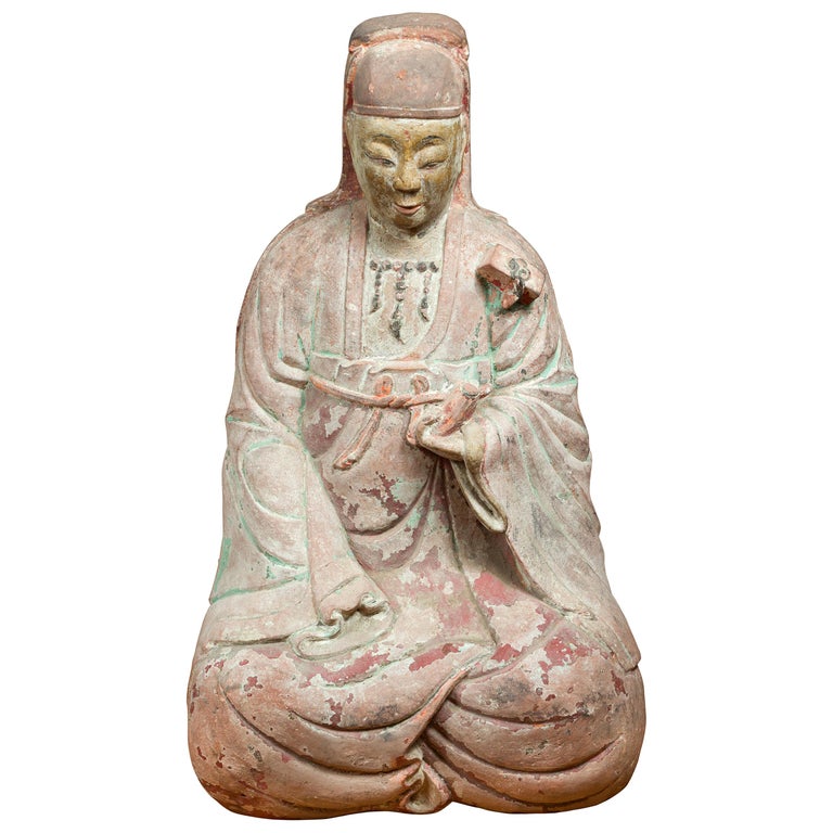 Chinese Ming Dynasty Painted and Carved Statue of Guanyin, 15th or 16th Century For Sale