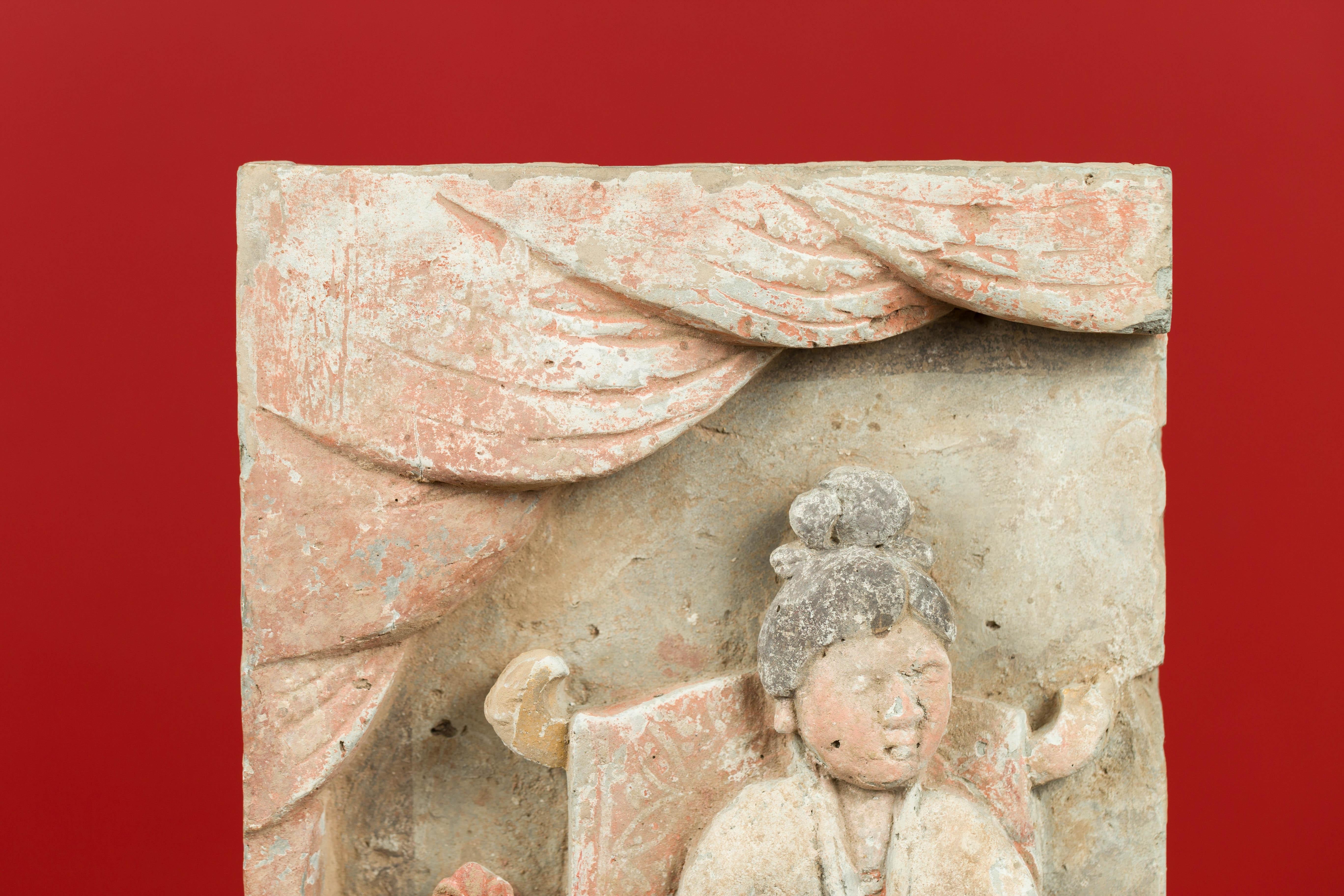 18th Century and Earlier Chinese Ming Dynasty Period Painted Terracotta Tile Mounted on Lucite Base