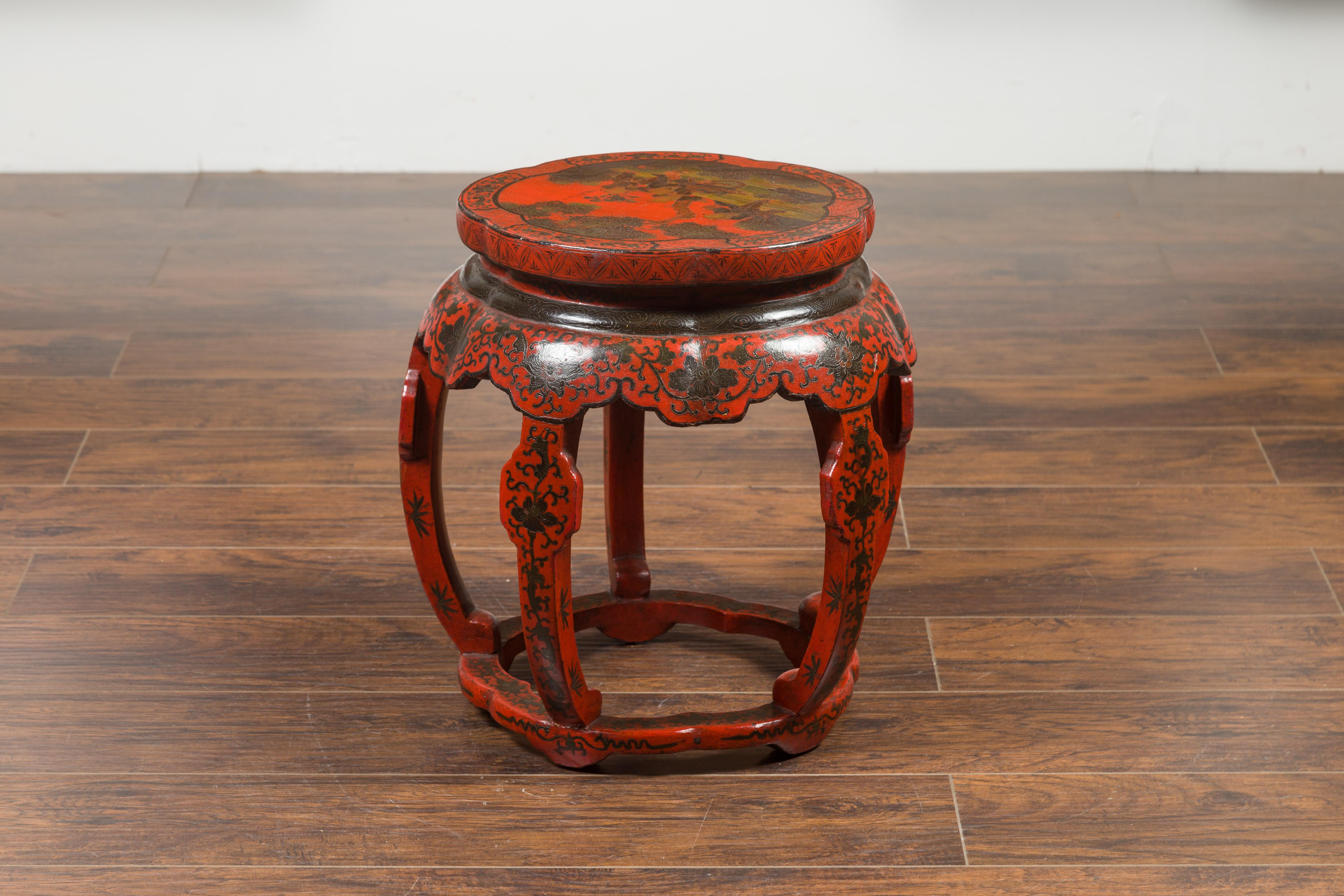Tabouret ou table à tambour de style chinois de la dynastie Ming des années 1920 en laque rouge et noire en vente 3