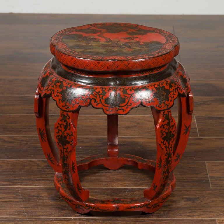 Ming Stool Chinese Ming Dynasty Style 1920s Red and Black Lacquered Drum Stool or ...