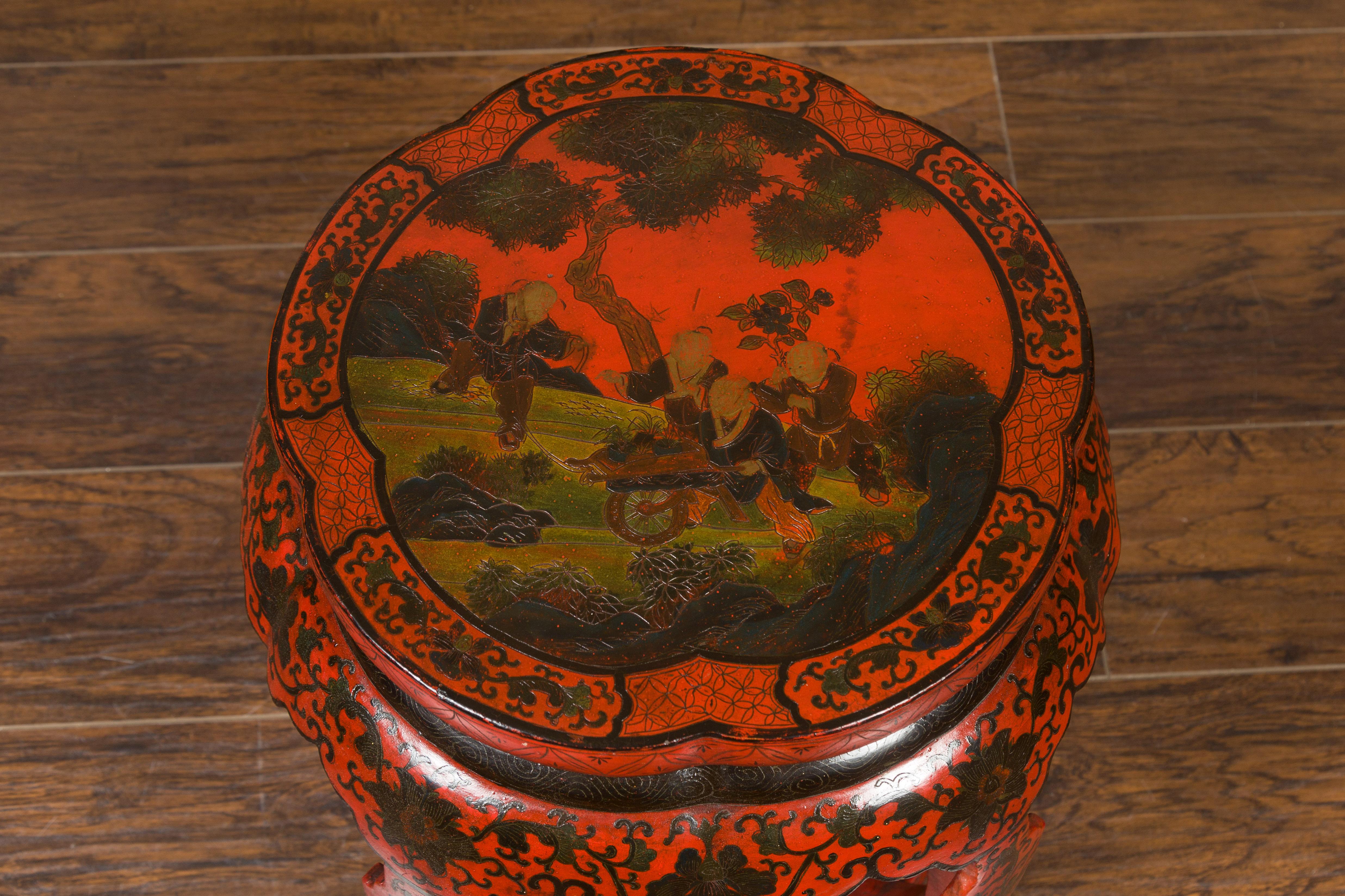 Laqué Tabouret ou table à tambour de style chinois de la dynastie Ming des années 1920 en laque rouge et noire en vente