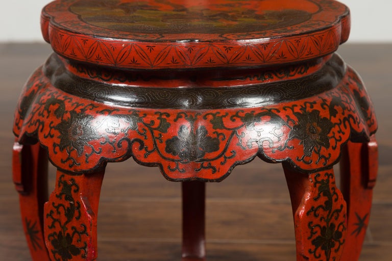 Chinese Ming Dynasty Style 1920s Red and Black Lacquered Drum Stool or Table For Sale 2