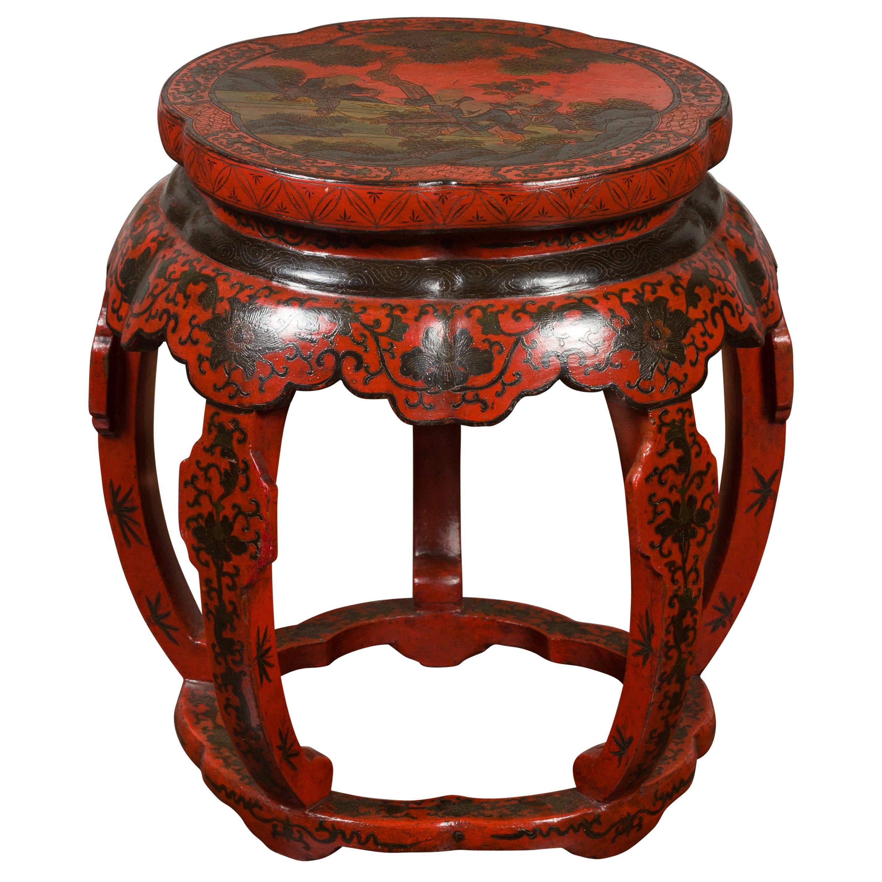 Chinese Ming Dynasty Style 1920s Red and Black Lacquered Drum Stool or Table