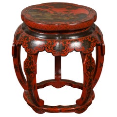 Chinese Ming Dynasty Style 1920s Red and Black Lacquered Drum Stool or Table