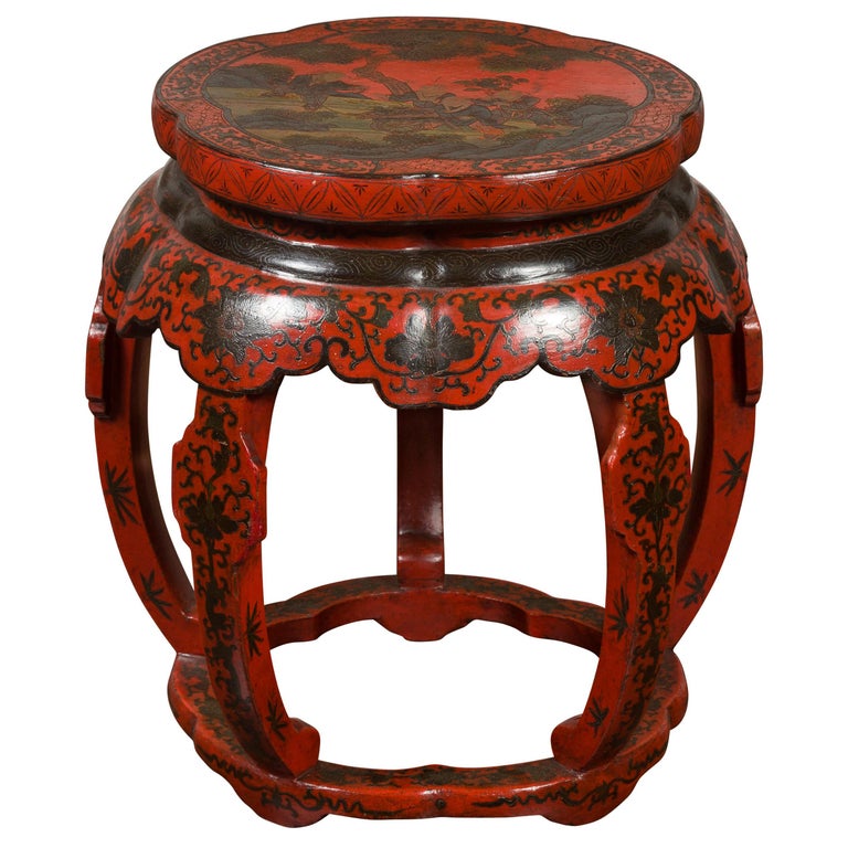 Chinese Ming Dynasty Style 1920s Red and Black Lacquered Drum Stool or Table For Sale