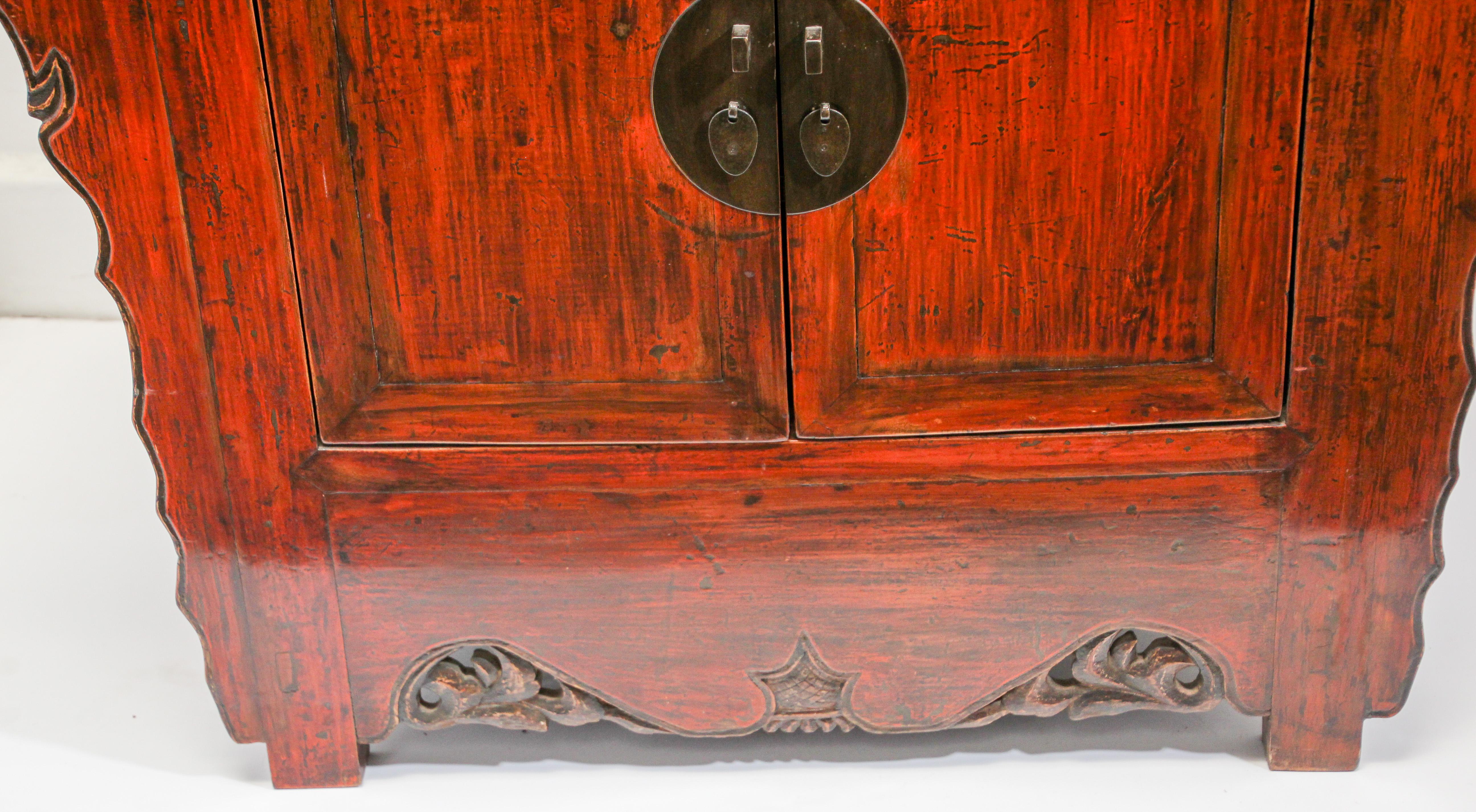 Wood Chinese Ming Dynasty Style Altar Red Lacquered Cabinet For Sale