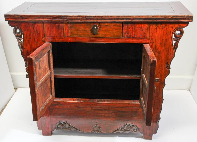 Chinese Export Chinese Ming Dynasty Style Altar Red Lacquered Cabinet For Sale