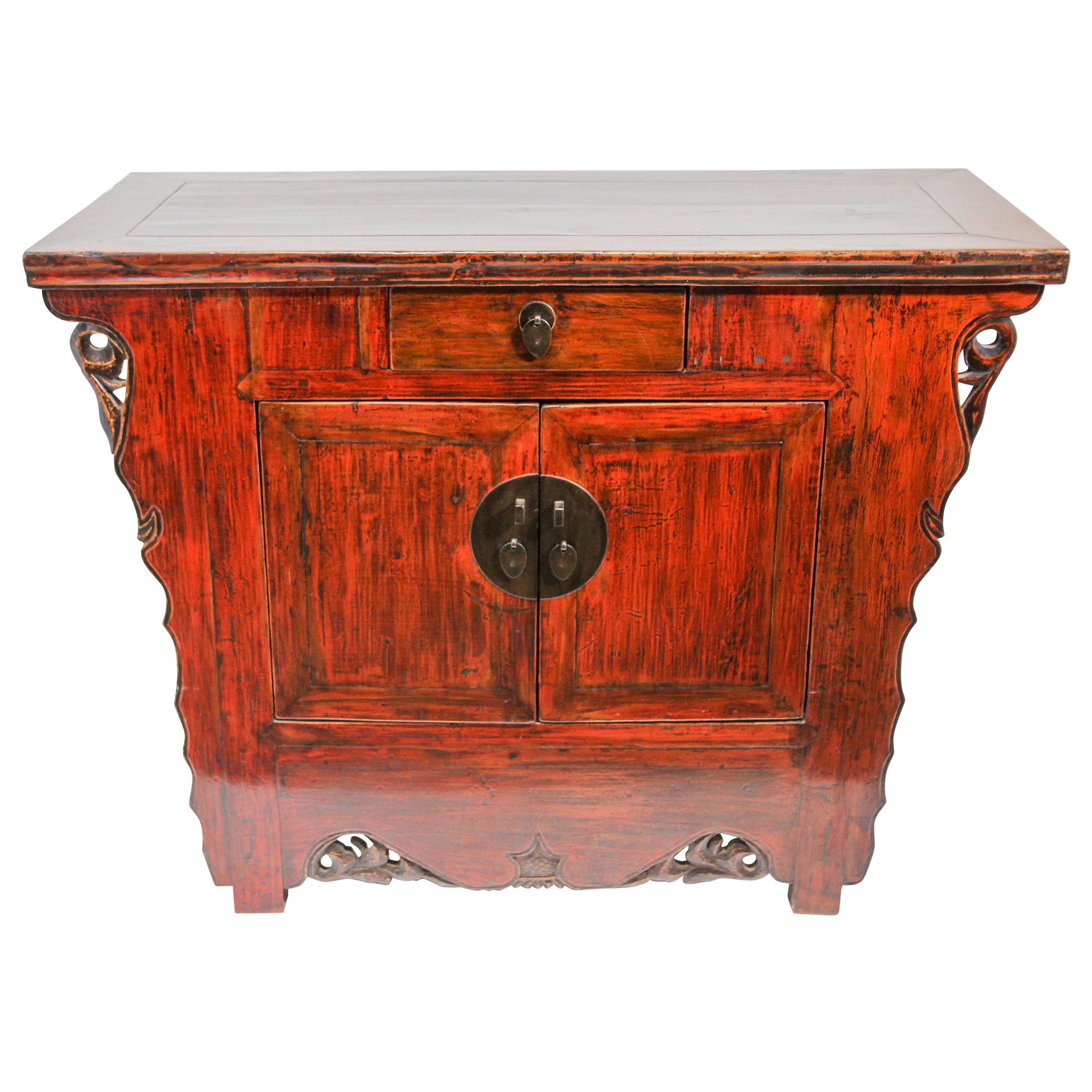 Chinese Ming Dynasty Style Altar Red Lacquered Cabinet