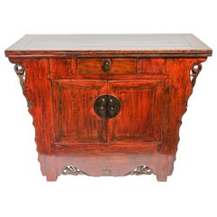 Vintage Chinese Ming Dynasty Style Altar Red Lacquered Cabinet