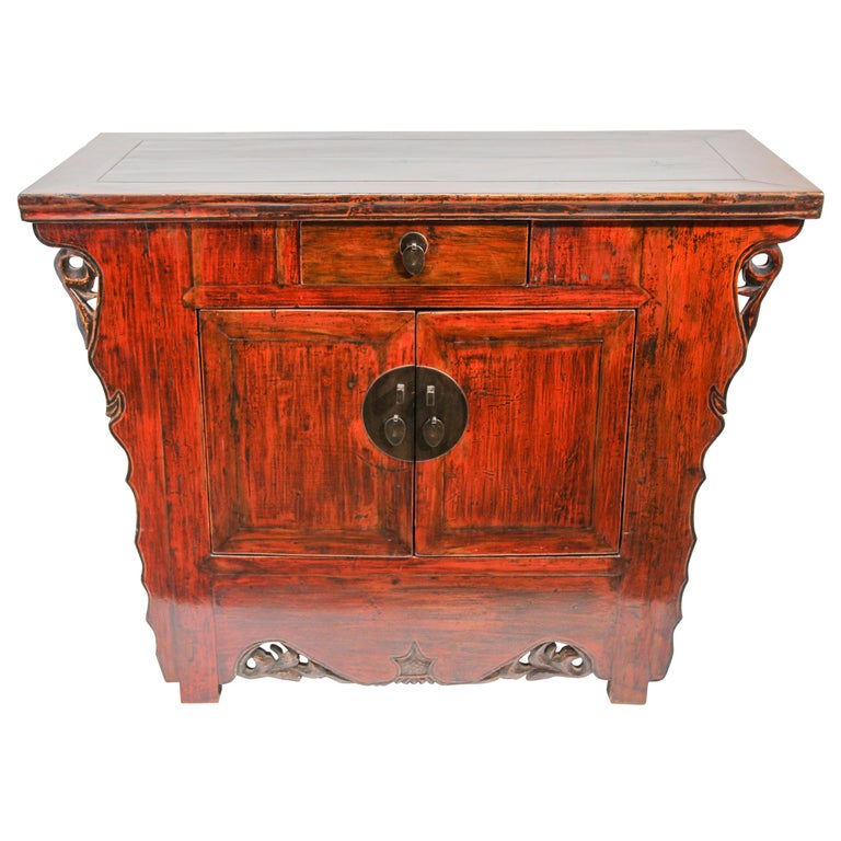 Chinese Ming Dynasty Style Altar Red Lacquered Cabinet For Sale