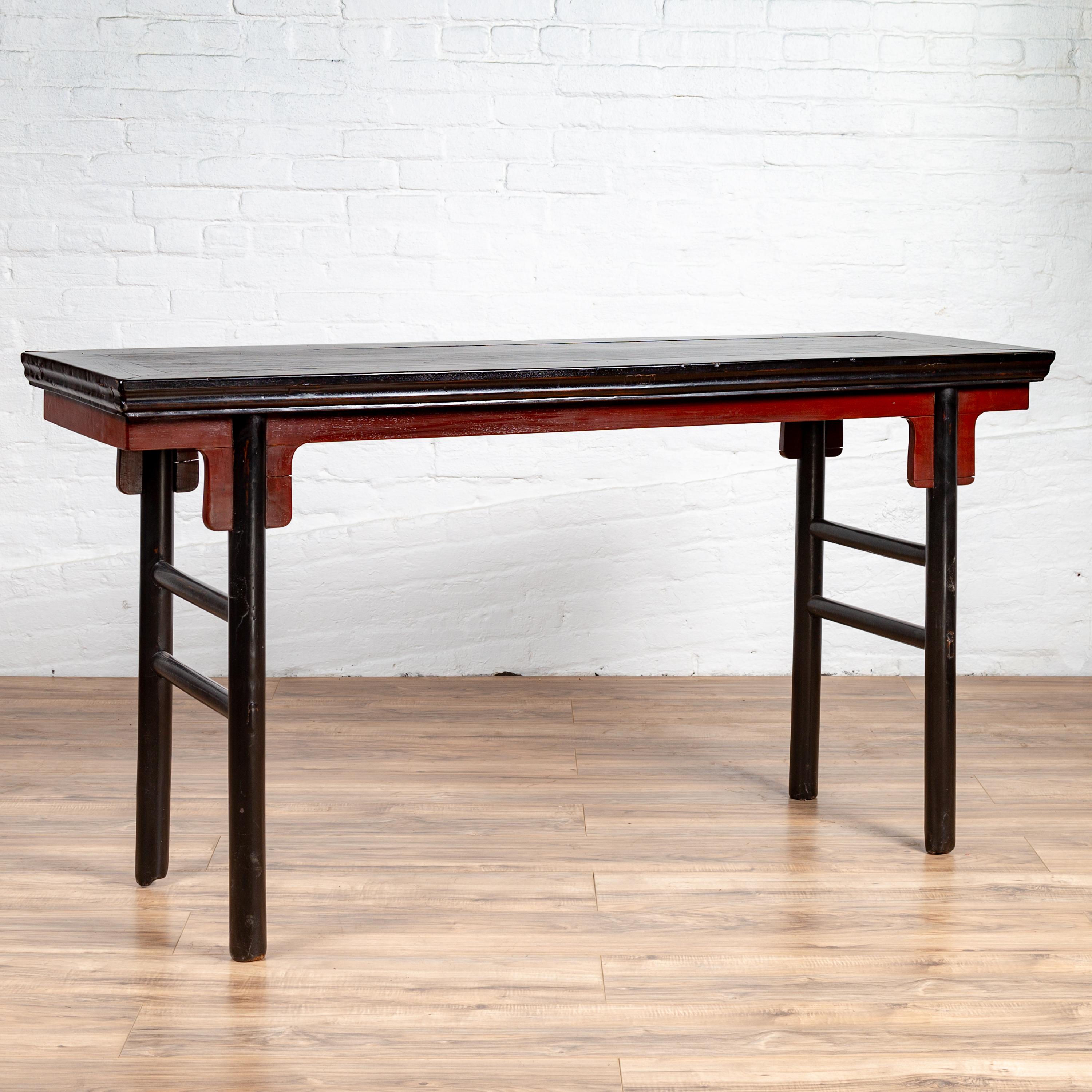 20th Century Chinese Ming Dynasty Style Black Lacquered Altar Console Table with Red Apron