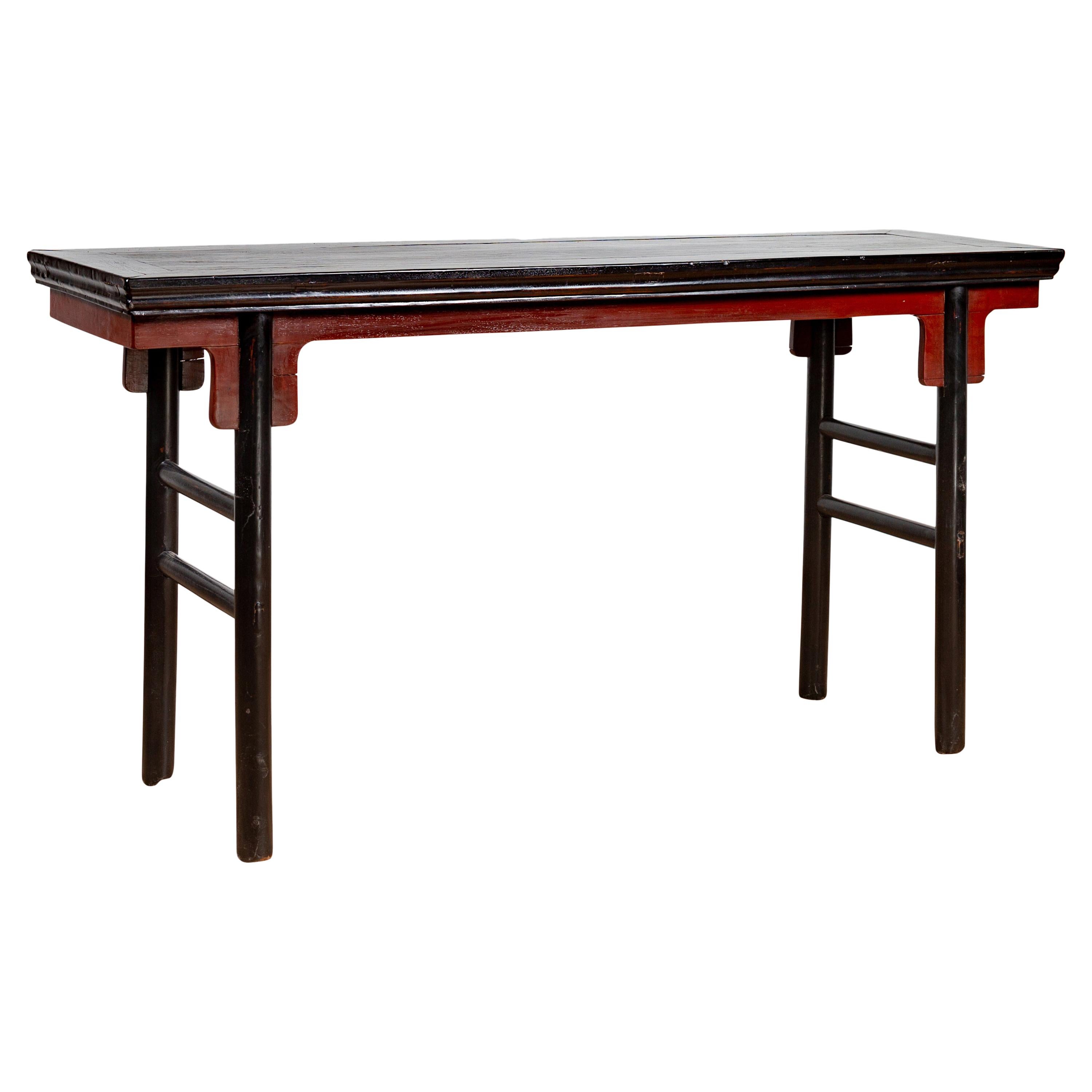 Chinese Ming Dynasty Style Black Lacquered Altar Console Table with Red Apron