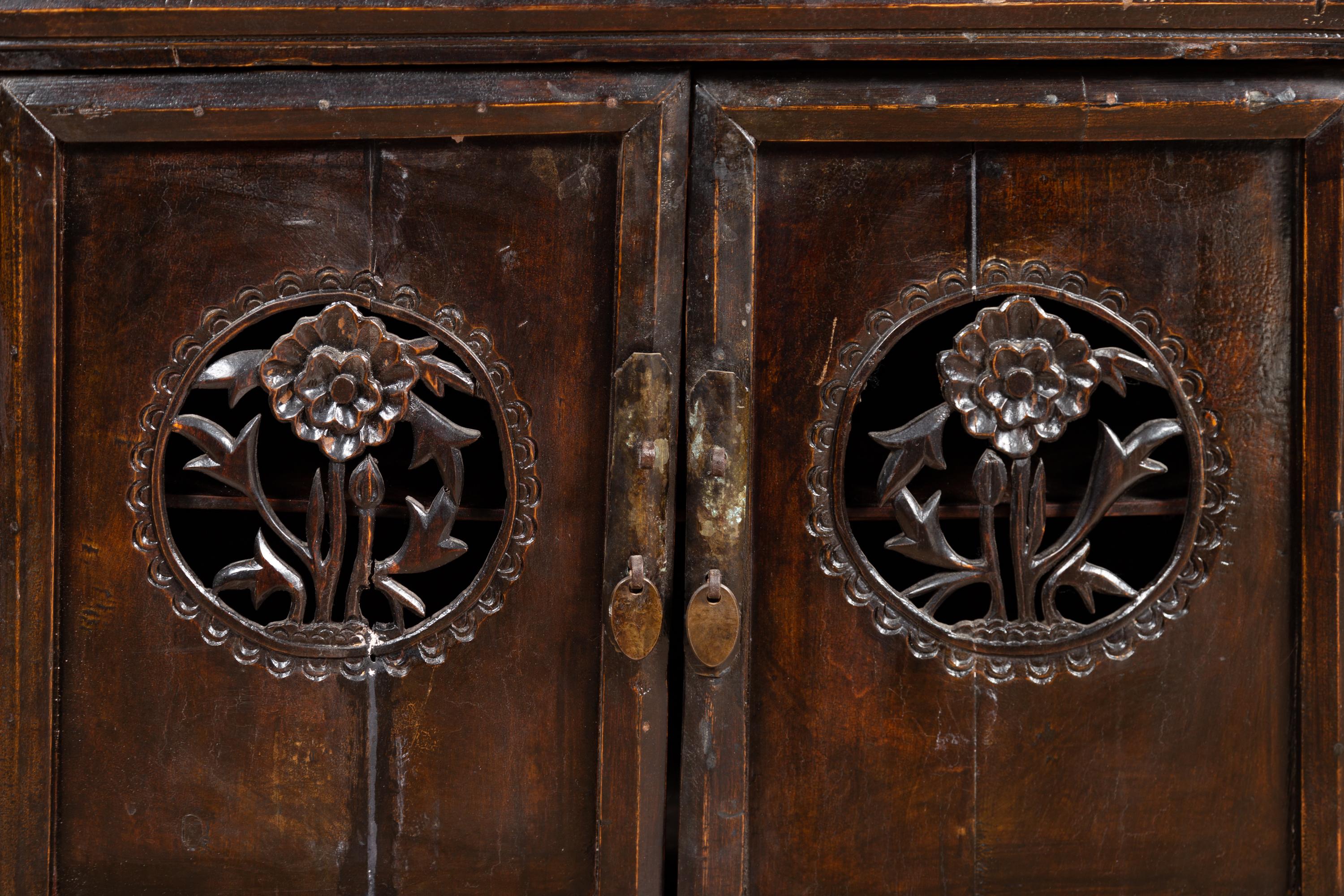 Wood Chinese Ming Dynasty Style Butterfly Cabinet with Carved Spandrels and Doors For Sale