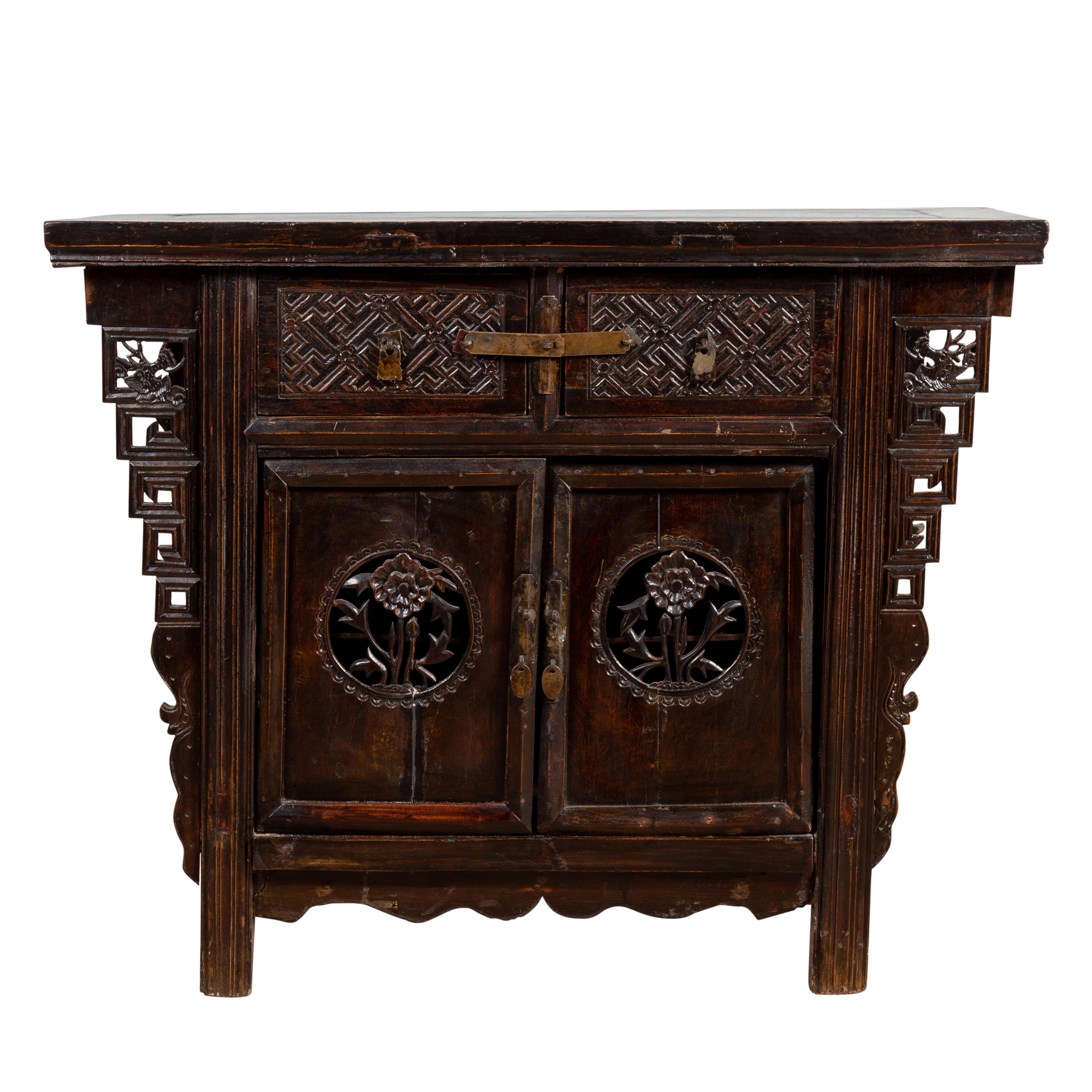 Chinese Ming Dynasty Style Butterfly Cabinet with Carved Spandrels and Doors For Sale