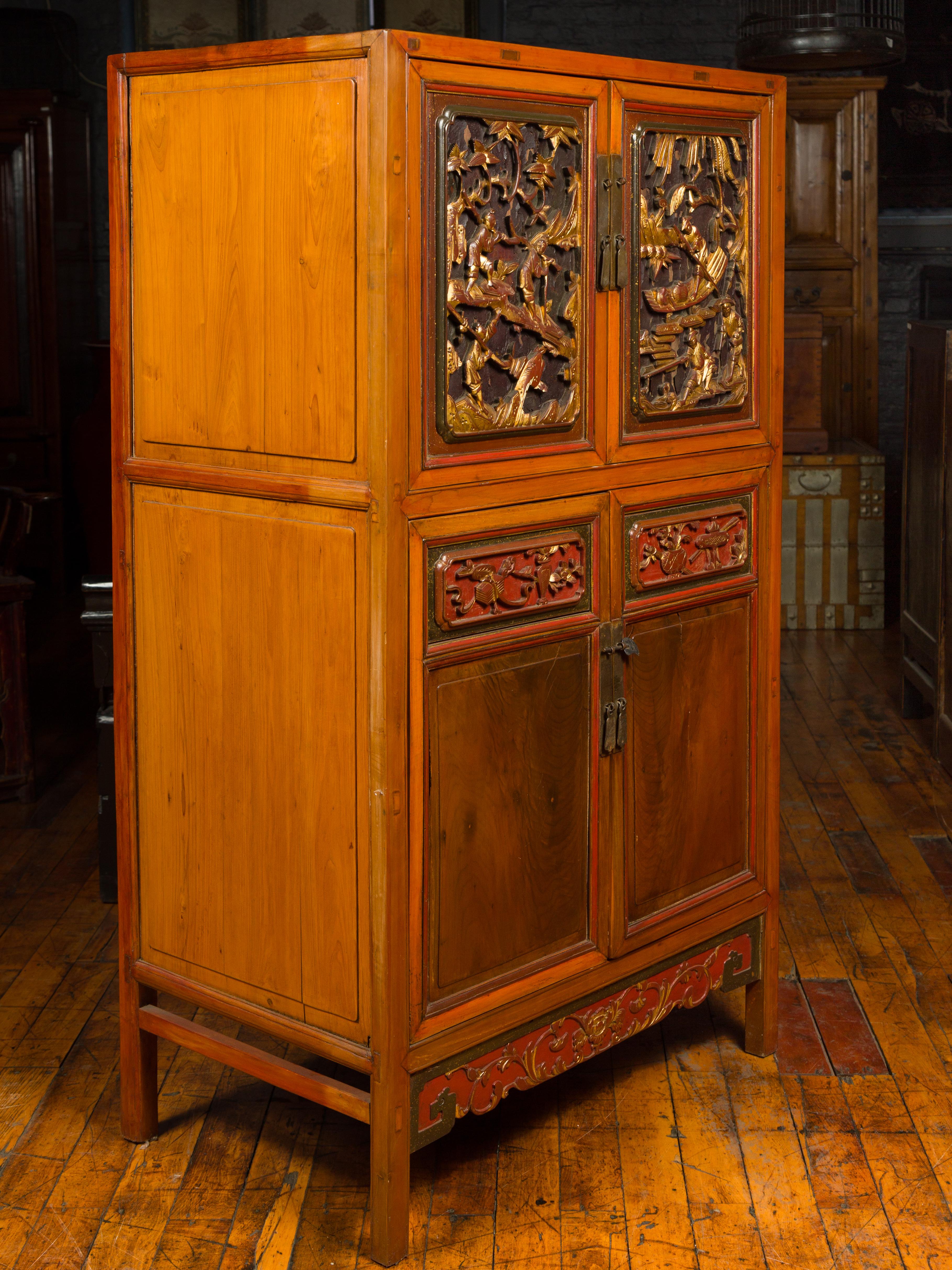 Chinese Ming Dynasty Style Cabinet with Doors, Drawers and Gilt Carved Motifs 2