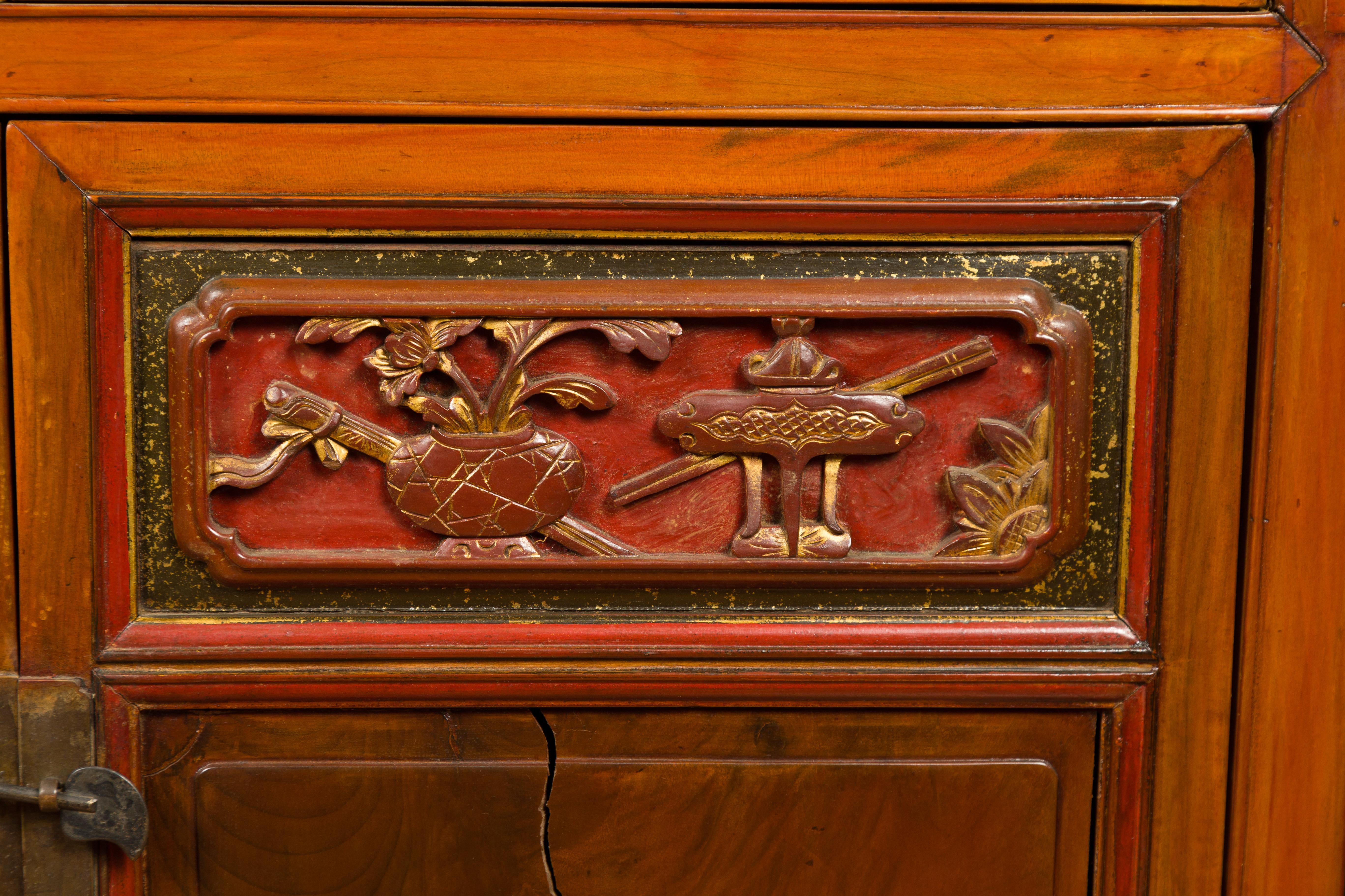 19th Century Chinese Ming Dynasty Style Cabinet with Doors, Drawers and Gilt Carved Motifs