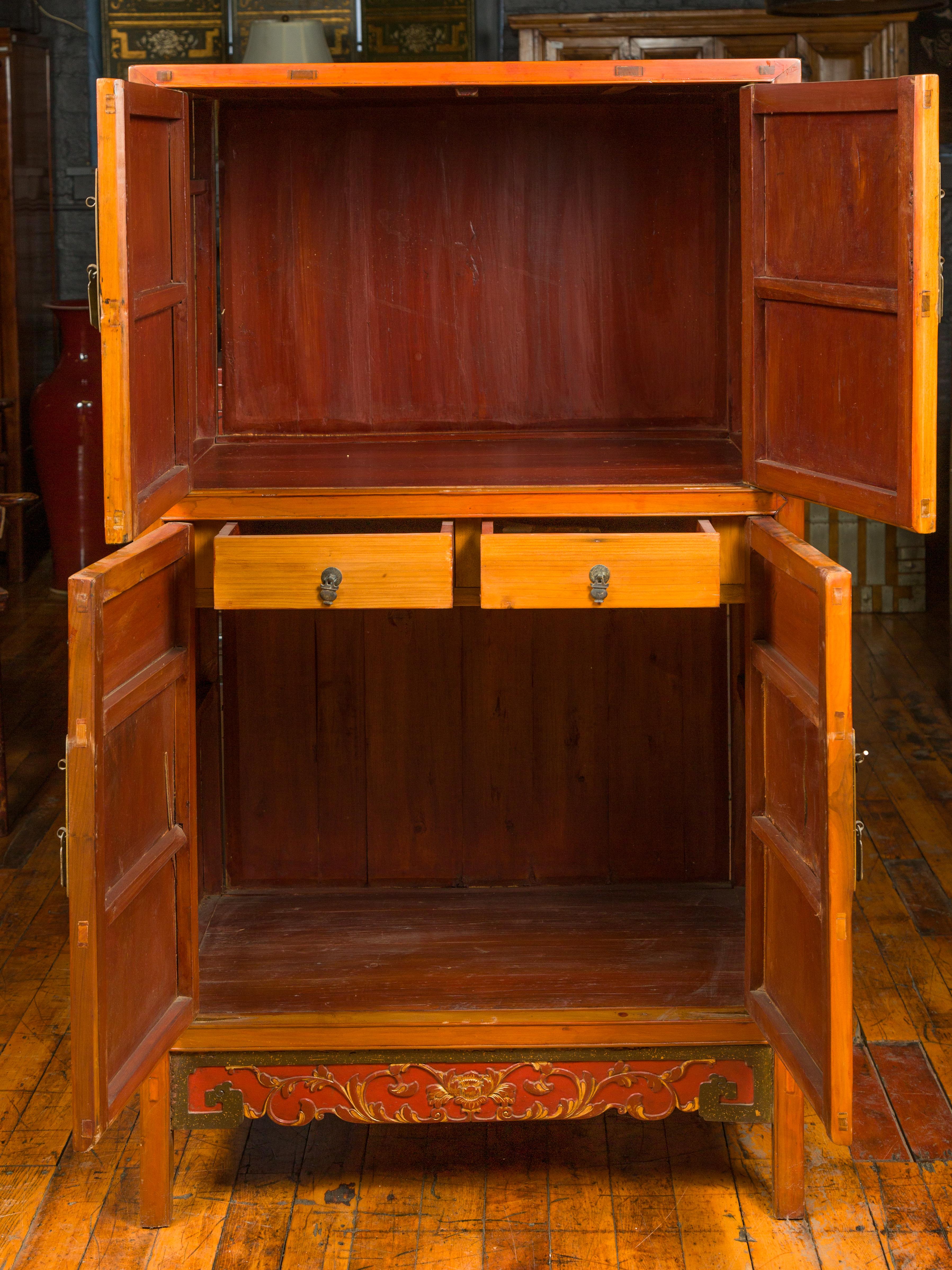 Chinese Ming Dynasty Style Cabinet with Doors, Drawers and Gilt Carved Motifs 1
