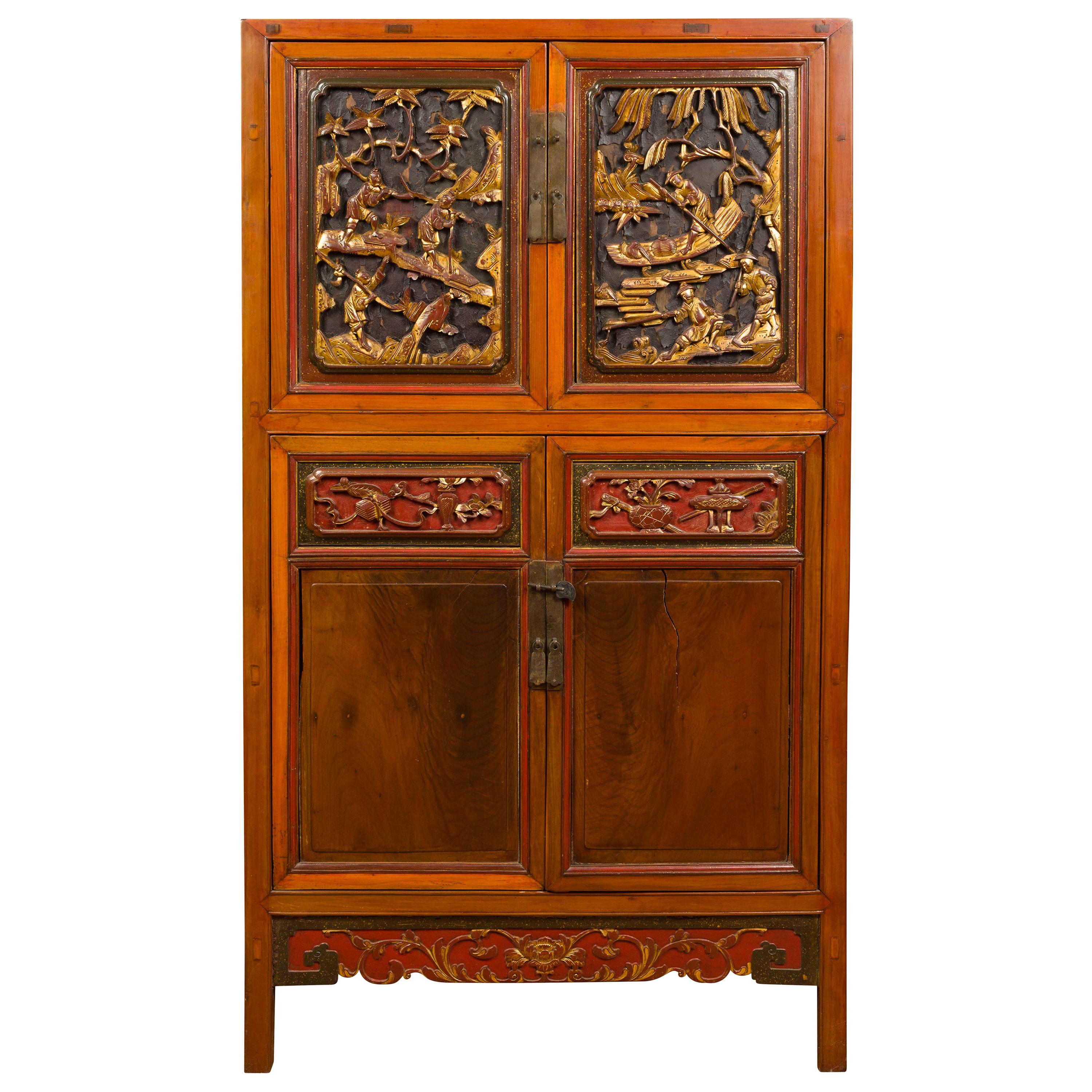 Chinese Ming Dynasty Style Cabinet with Doors, Drawers and Gilt Carved Motifs
