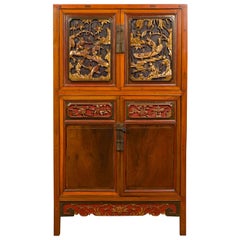 Antique Chinese Ming Dynasty Style Cabinet with Doors, Drawers and Gilt Carved Motifs