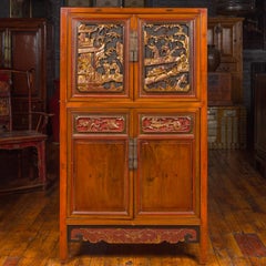 Ming Dynasty Style Cabinet with Gilt Carved Court and Work Scenes