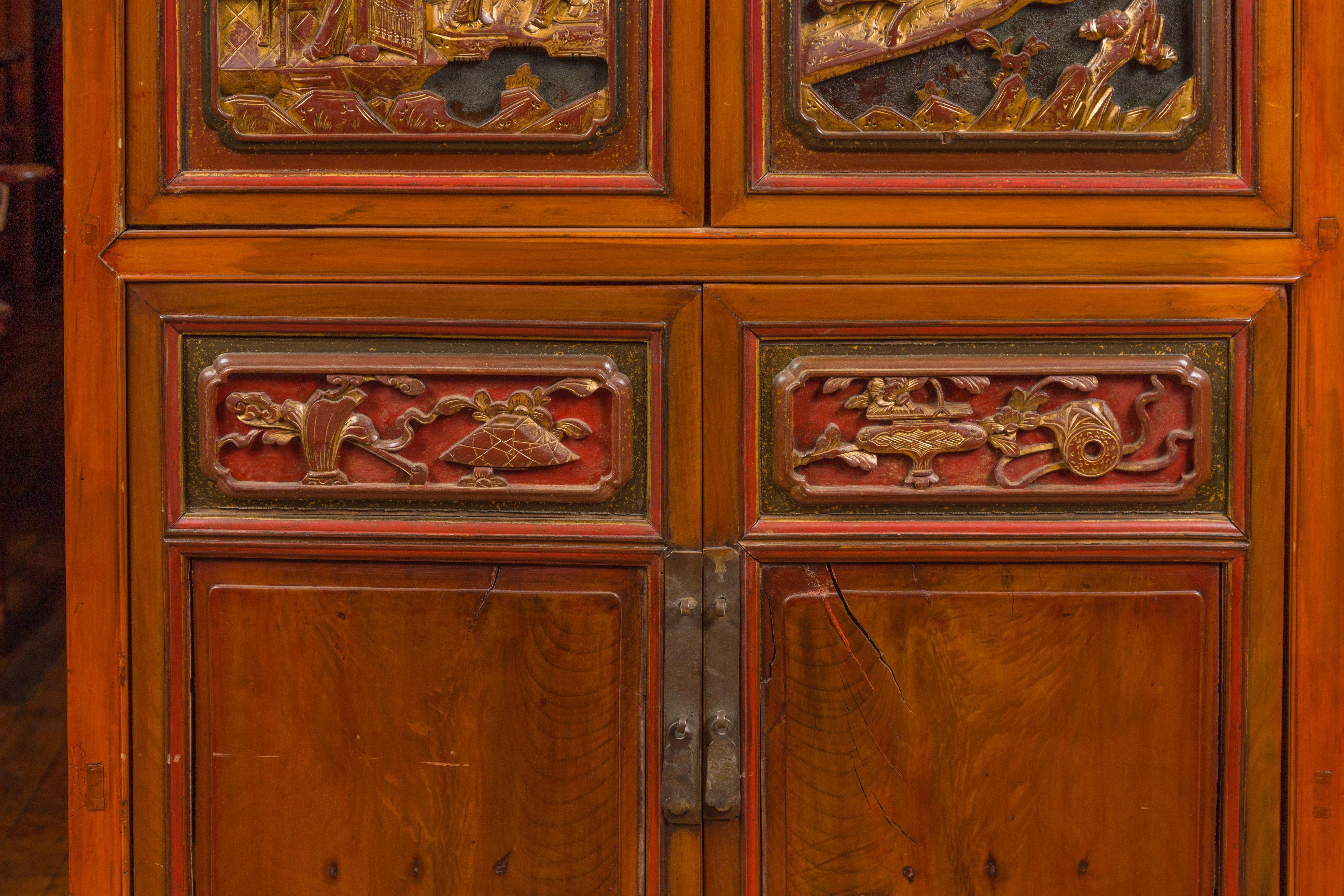 Chinese Ming Dynasty Style Cabinet with Gilt Carved Court and Work Scenes In Good Condition For Sale In Yonkers, NY