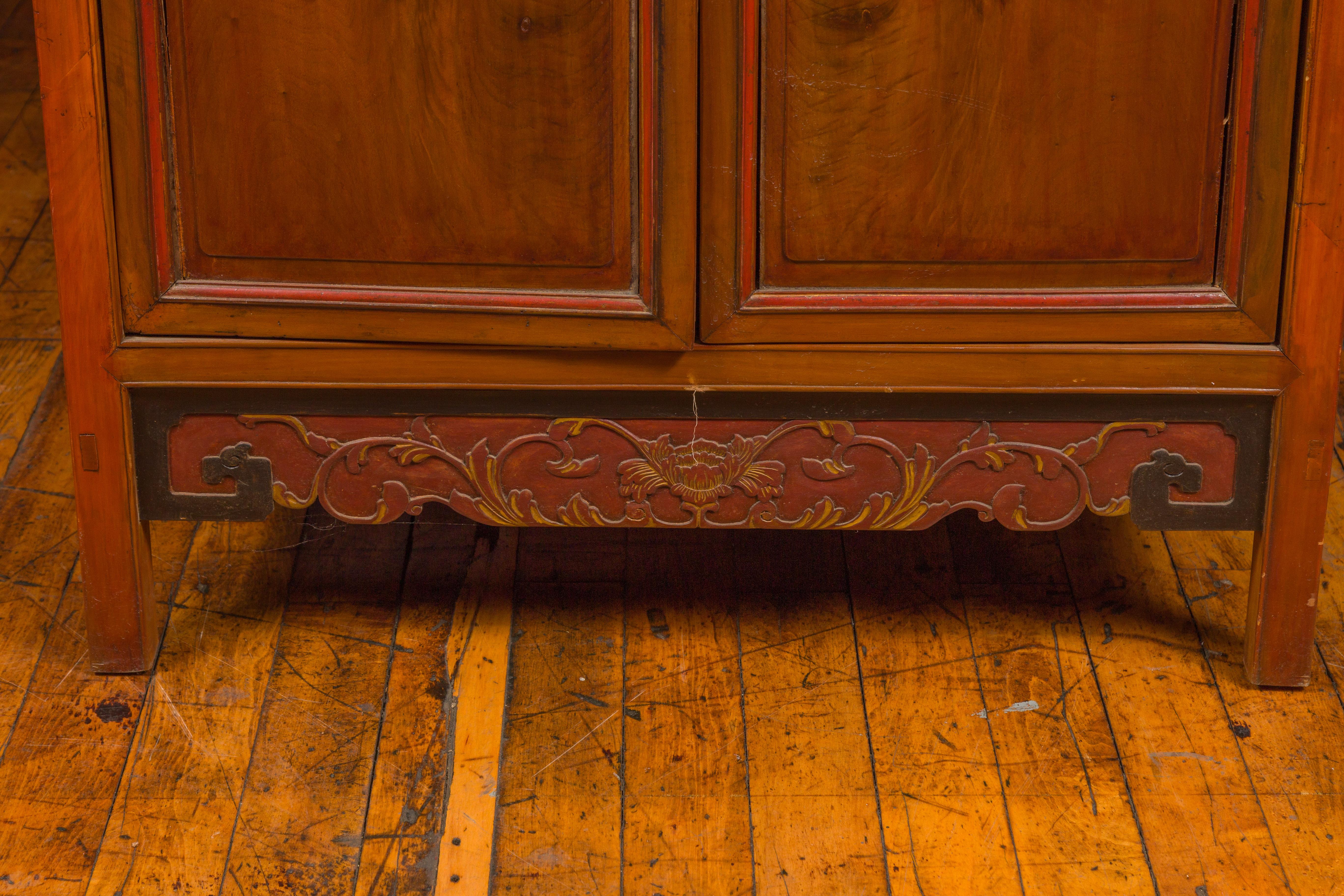 19th Century Chinese Ming Dynasty Style Cabinet with Gilt Carved Court and Work Scenes For Sale