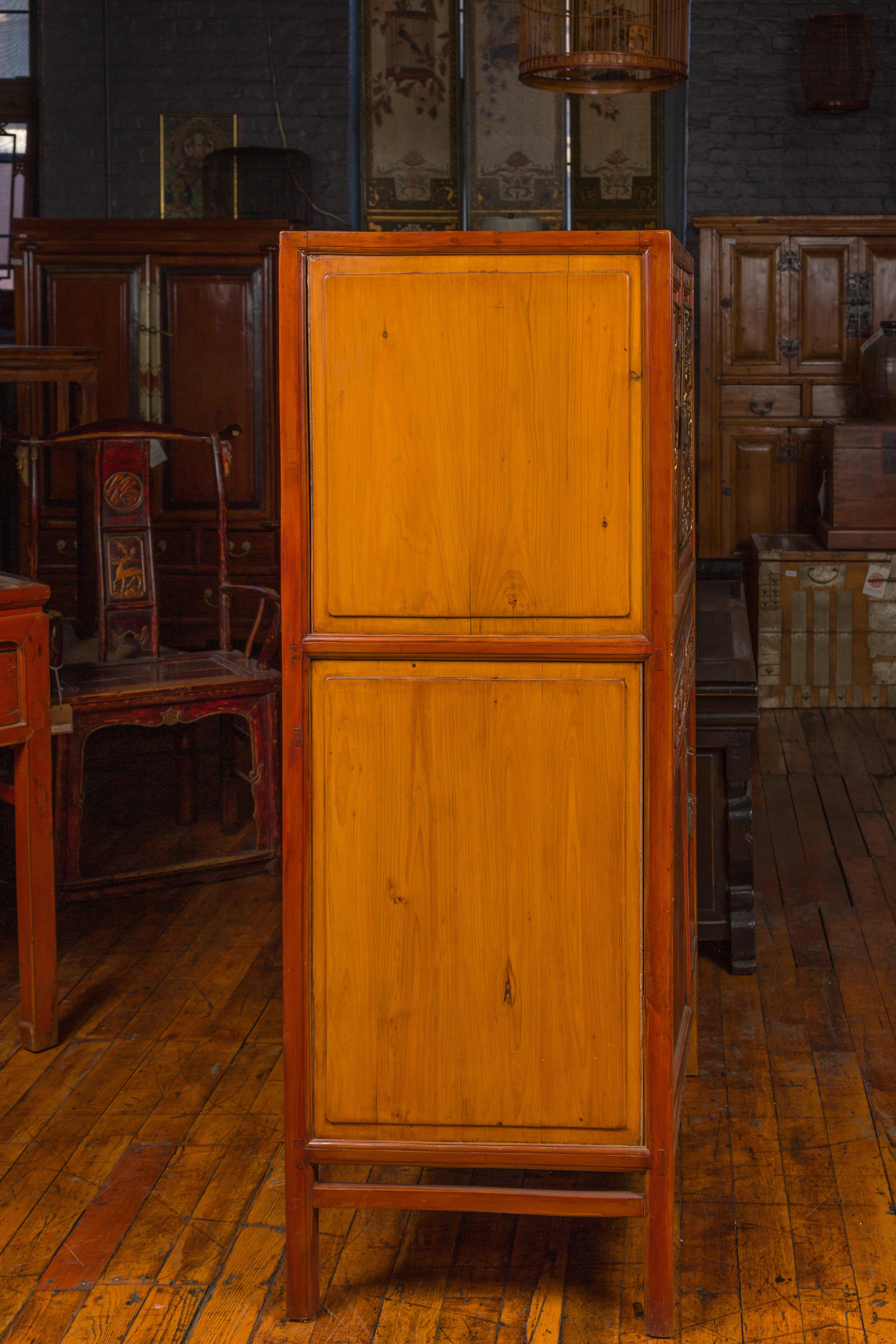 19th Century Ming Dynasty Style Cabinet with Gilt Carved Court and Work Scenes For Sale