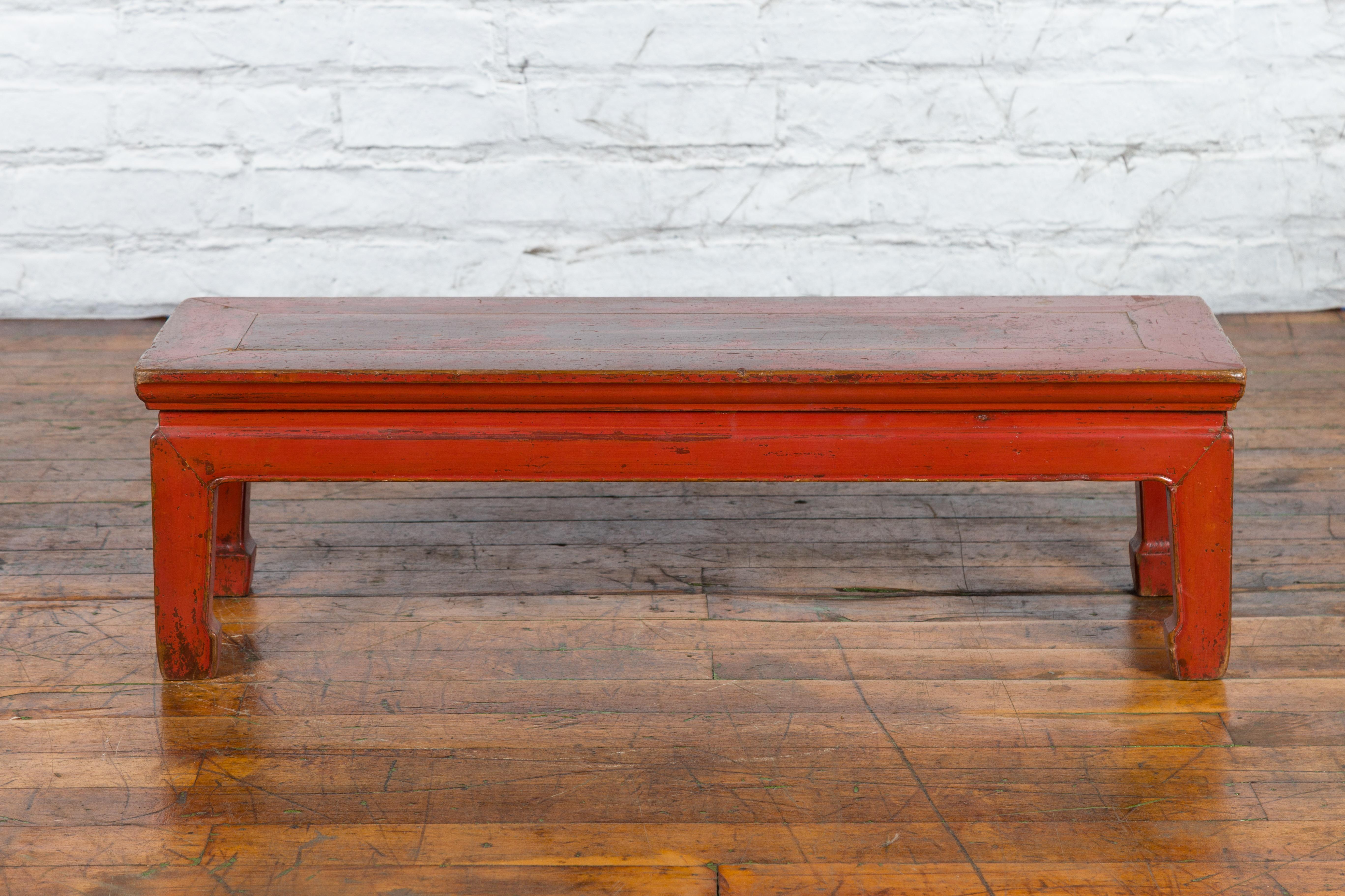 Chinese Ming Dynasty Style Early 20th Century Red Lacquered Low Table In Good Condition For Sale In Yonkers, NY