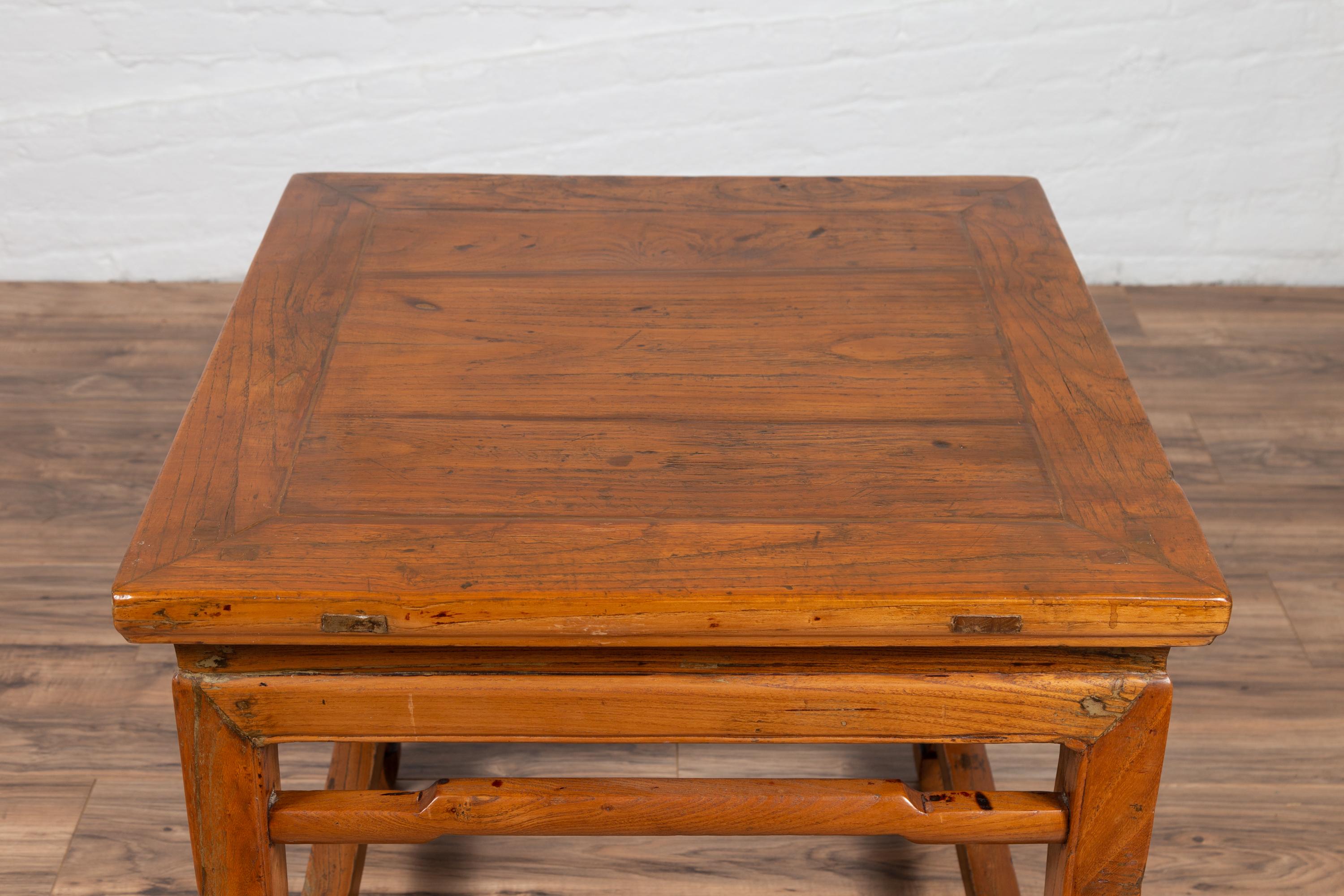 Chinese Ming Dynasty Style Elm Waisted Side Table with Humpbacked Stretchers In Good Condition In Yonkers, NY