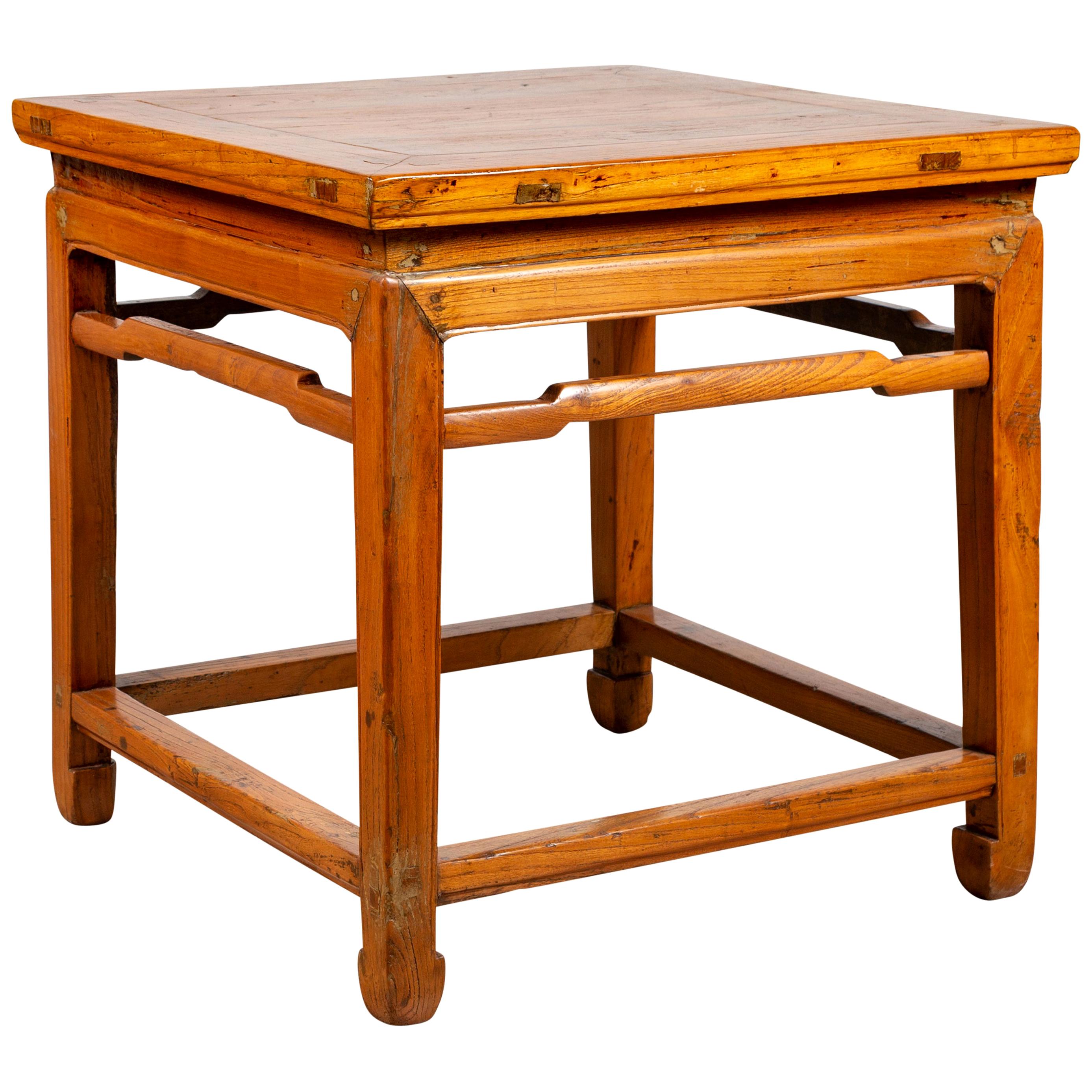 Chinese Ming Dynasty Style Elm Waisted Side Table with Humpbacked Stretchers