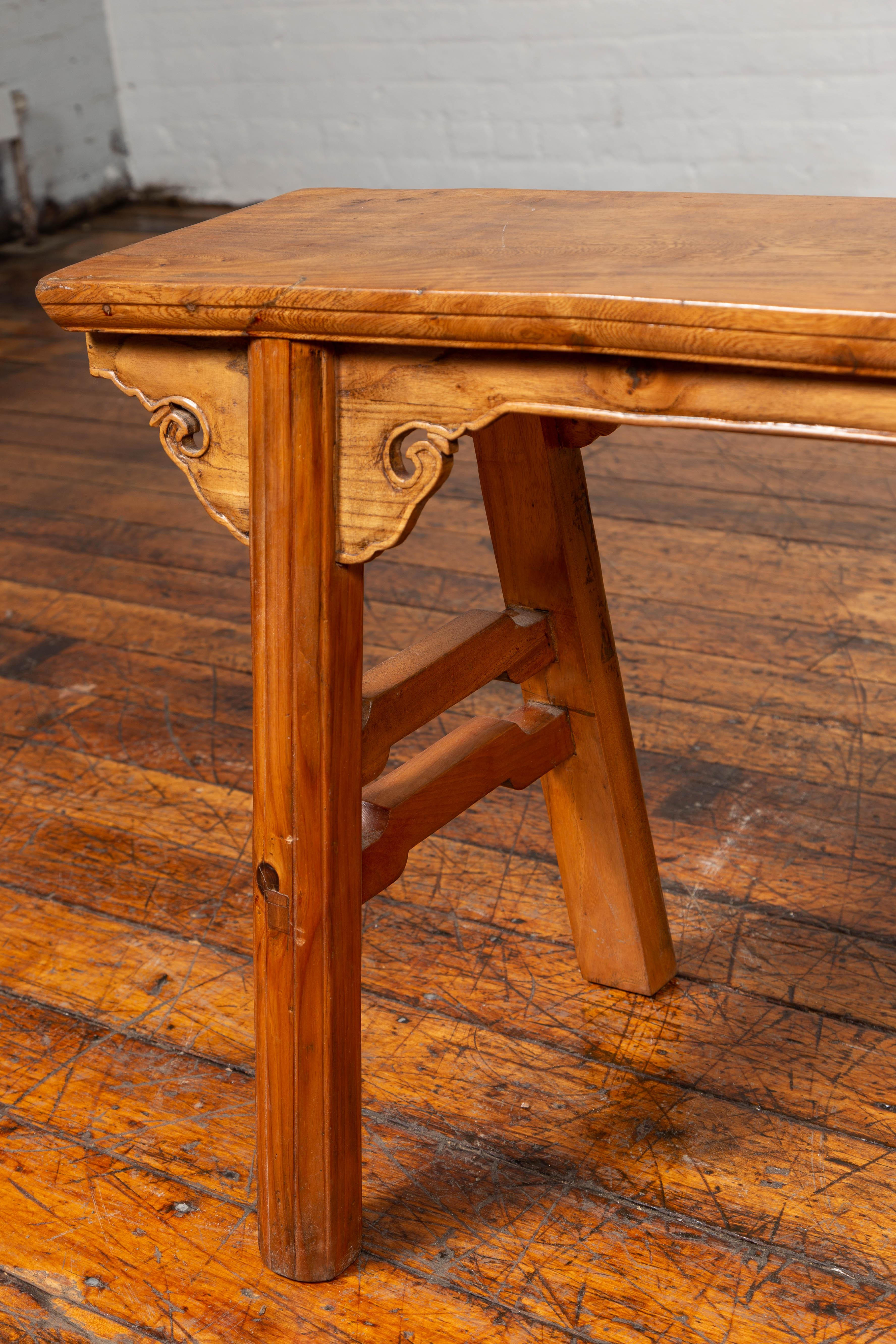 Chinese Ming Dynasty Style Elmwood Low Altar Table with Carved Spandrels 6