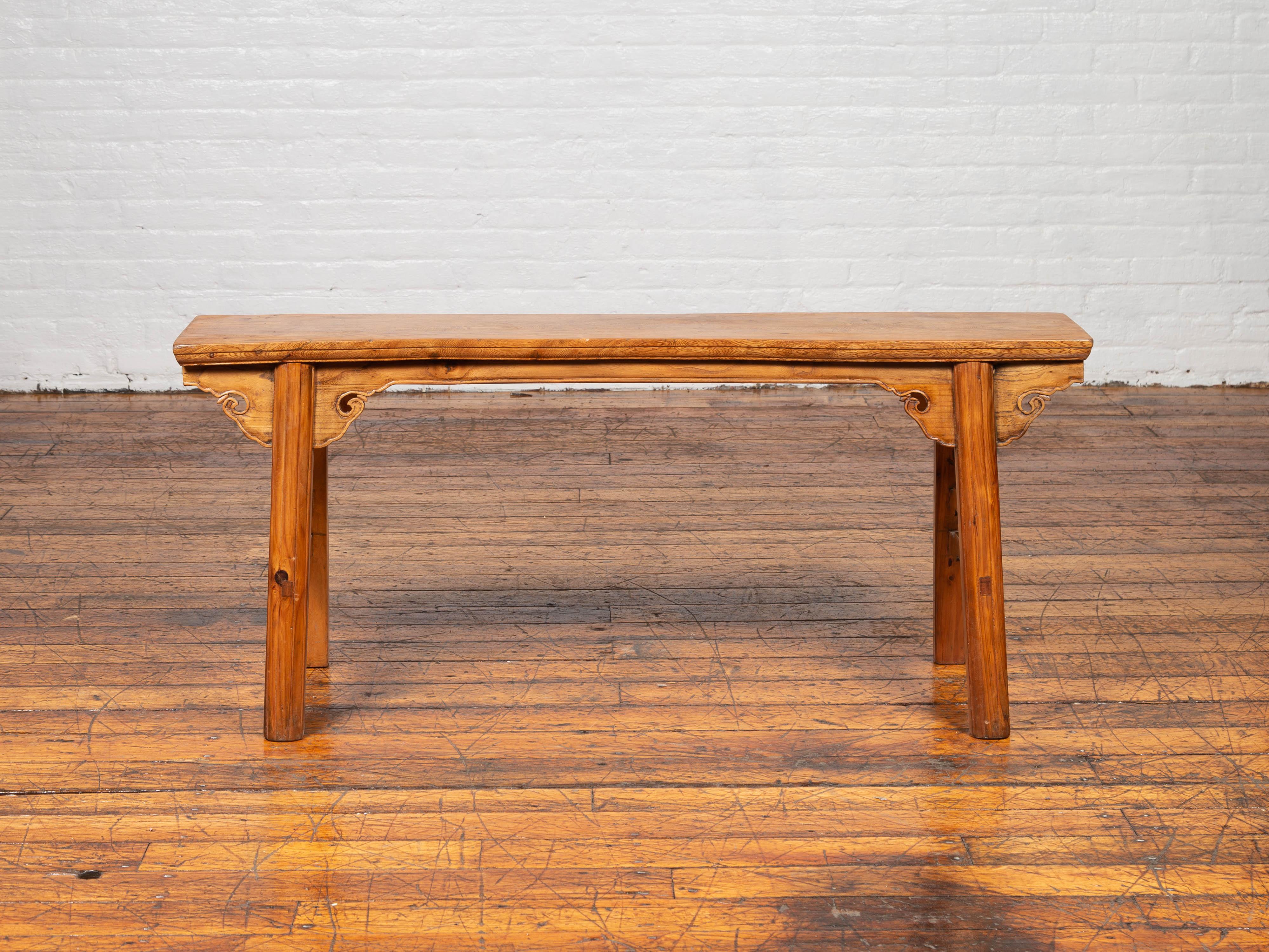 Chinese Ming Dynasty Style Elmwood Low Altar Table with Carved Spandrels 9