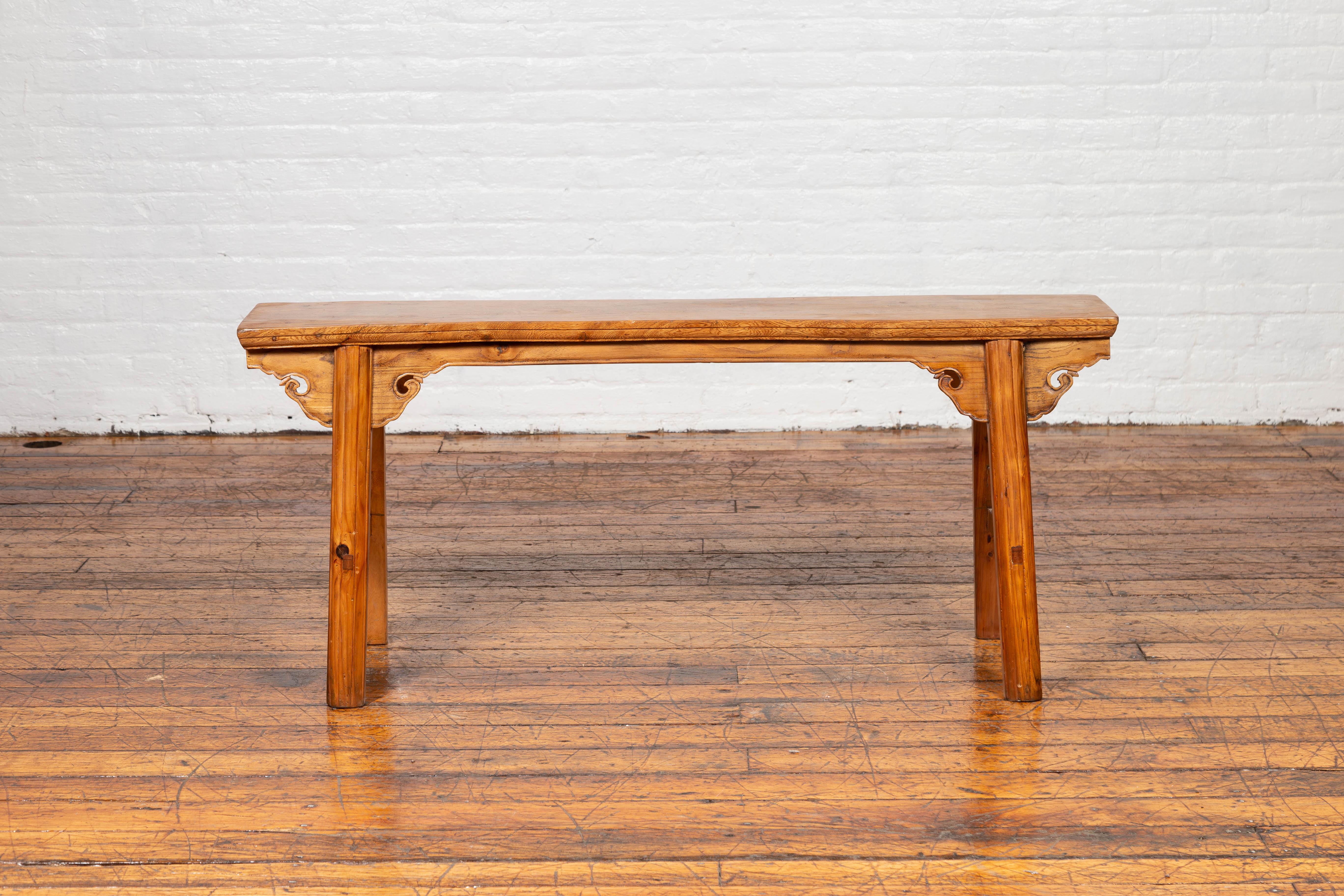 20th Century Chinese Ming Dynasty Style Elmwood Low Altar Table with Carved Spandrels