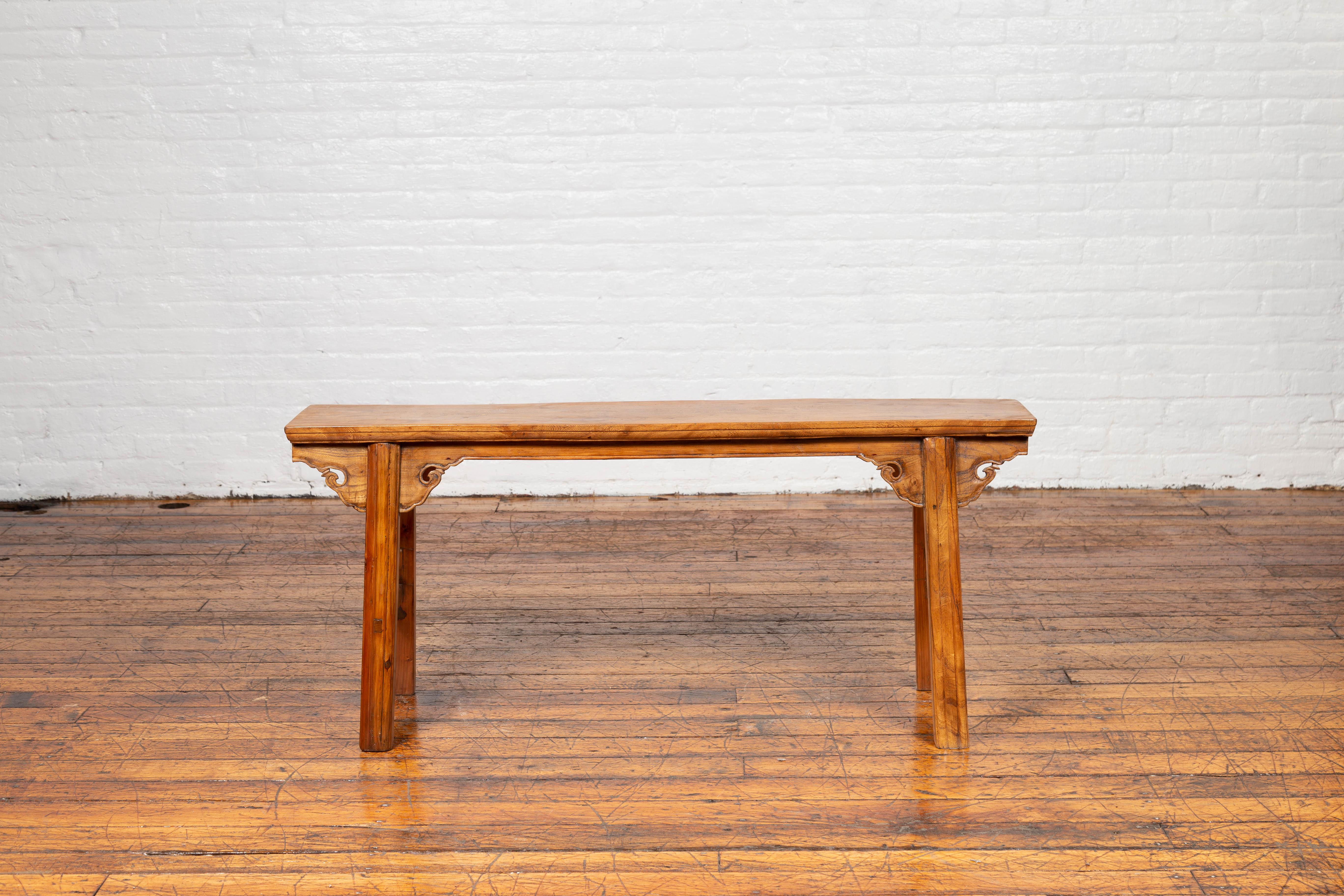Chinese Ming Dynasty Style Elmwood Low Altar Table with Carved Spandrels 1