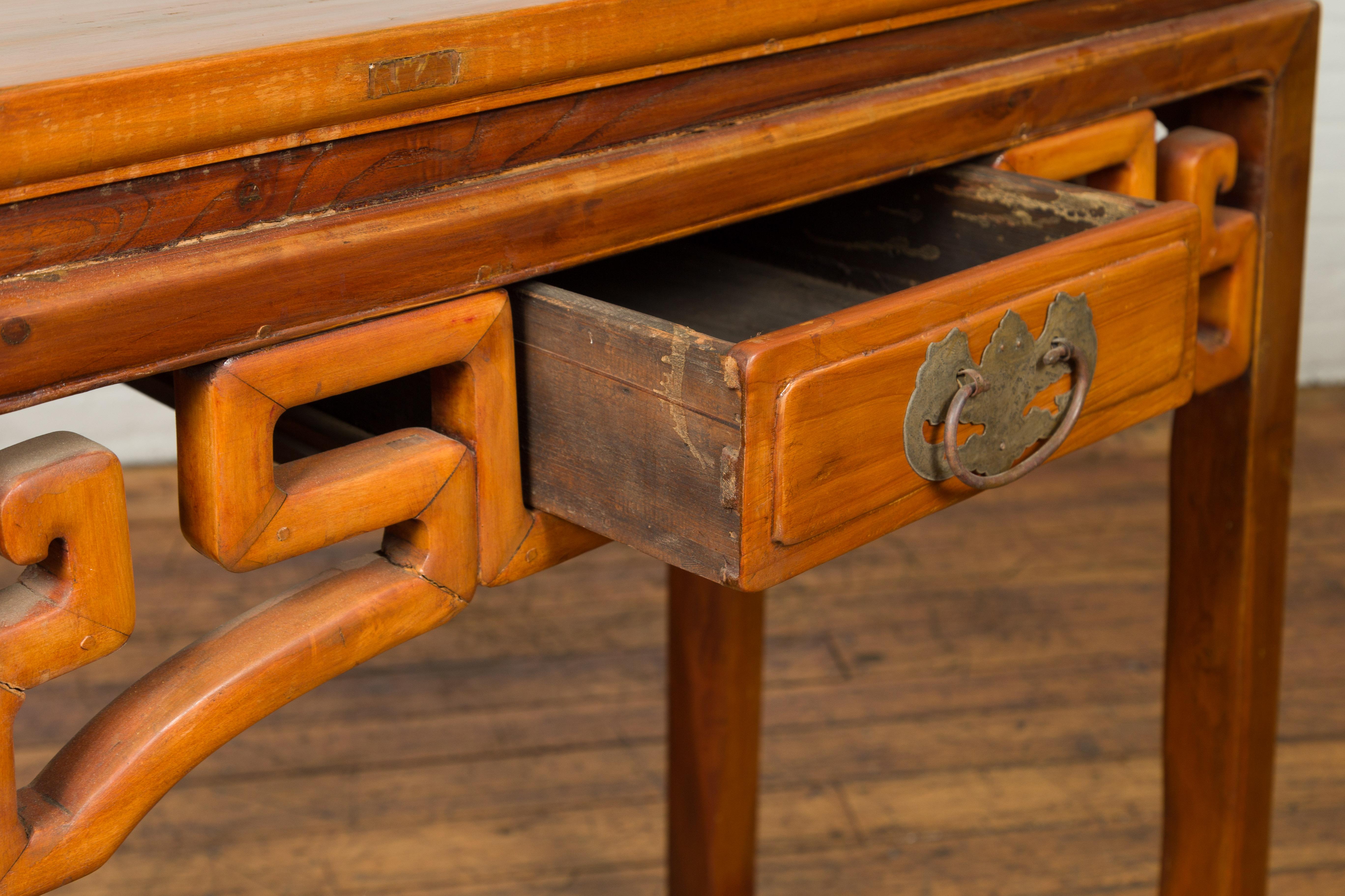 Chinese Ming Dynasty Style Elmwood Table with Single Drawer and Carved Apron 2