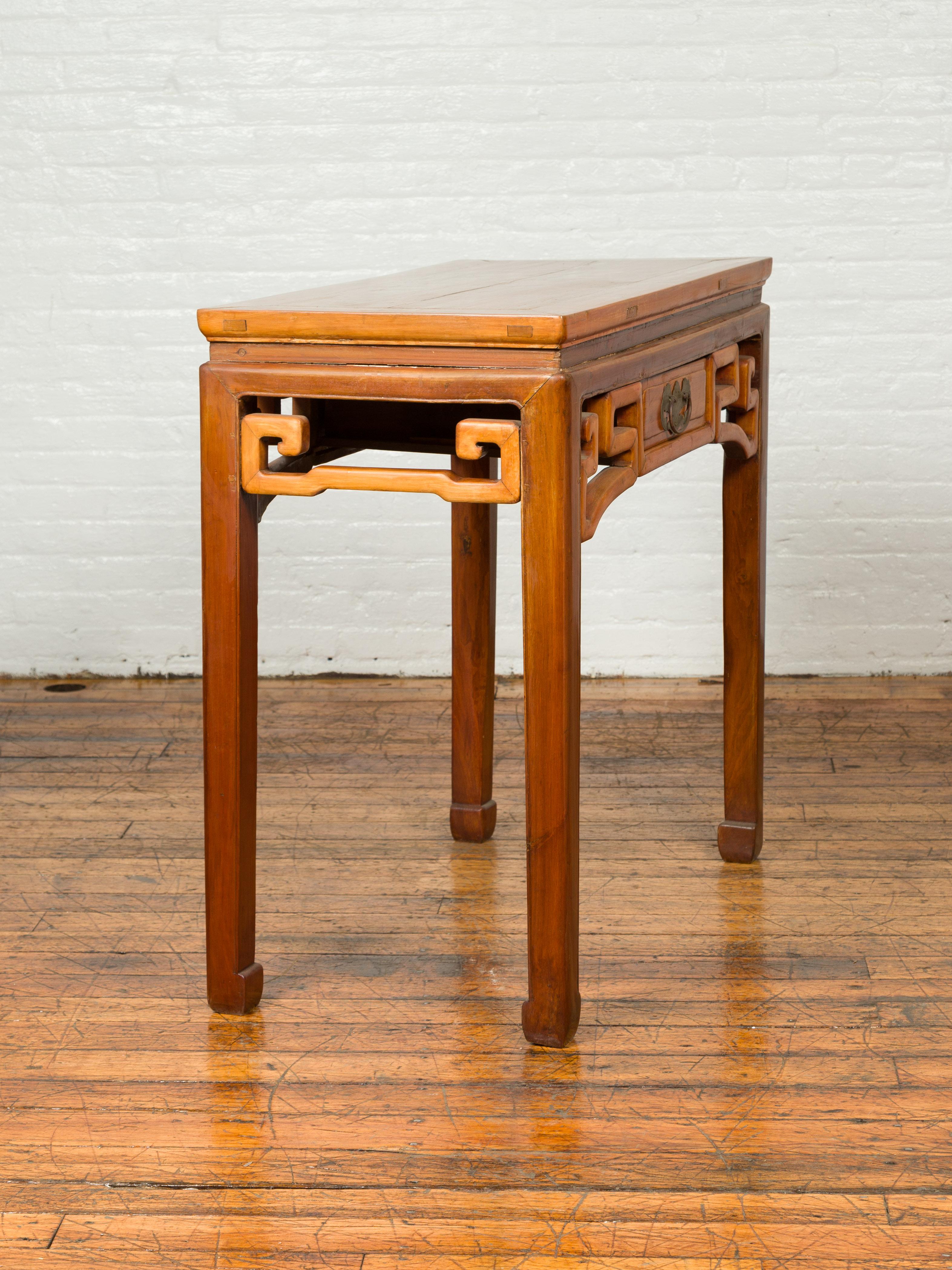 Chinese Ming Dynasty Style Elmwood Table with Single Drawer and Carved Apron 3