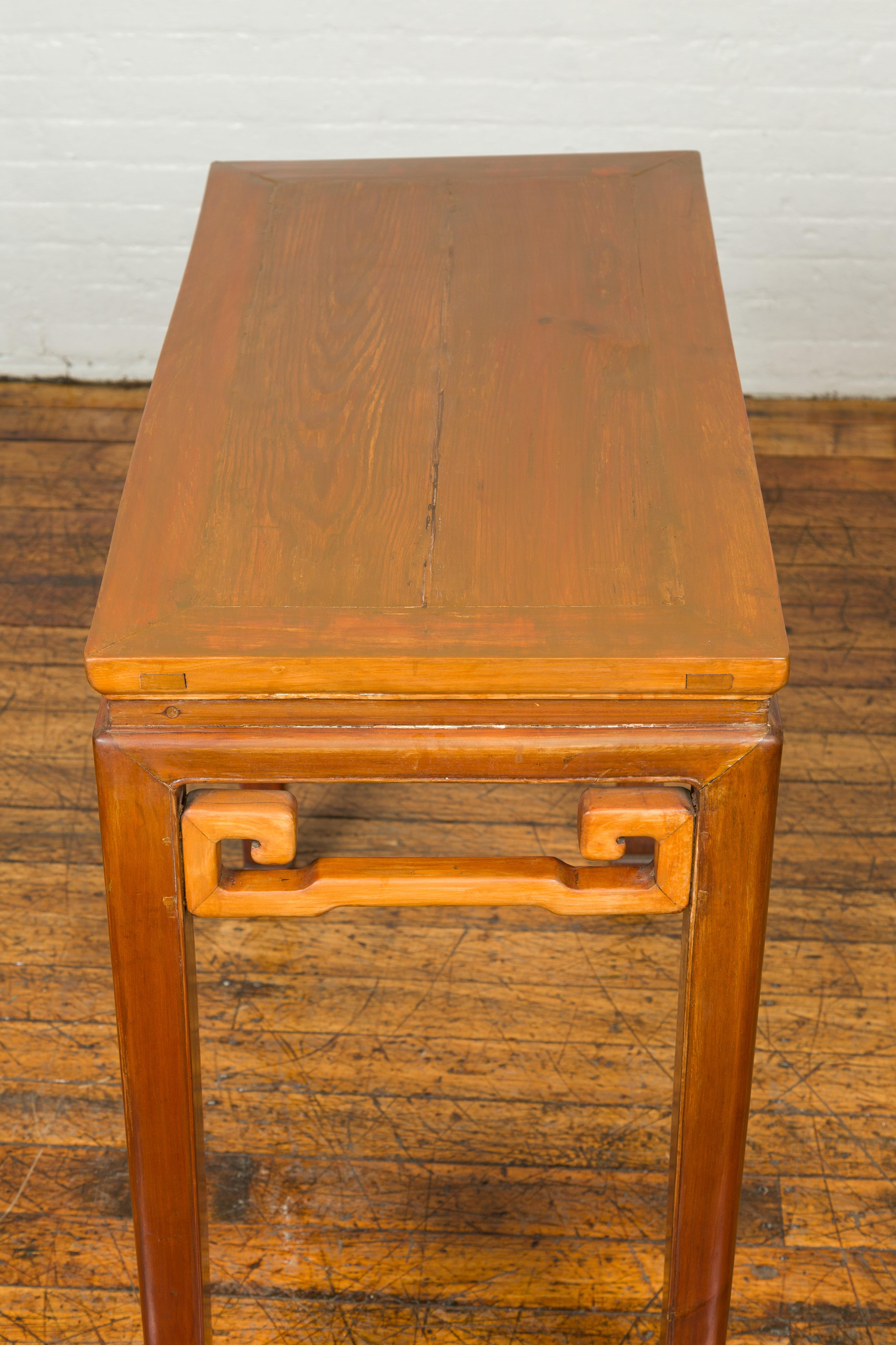 Chinese Ming Dynasty Style Elmwood Table with Single Drawer and Carved Apron 4