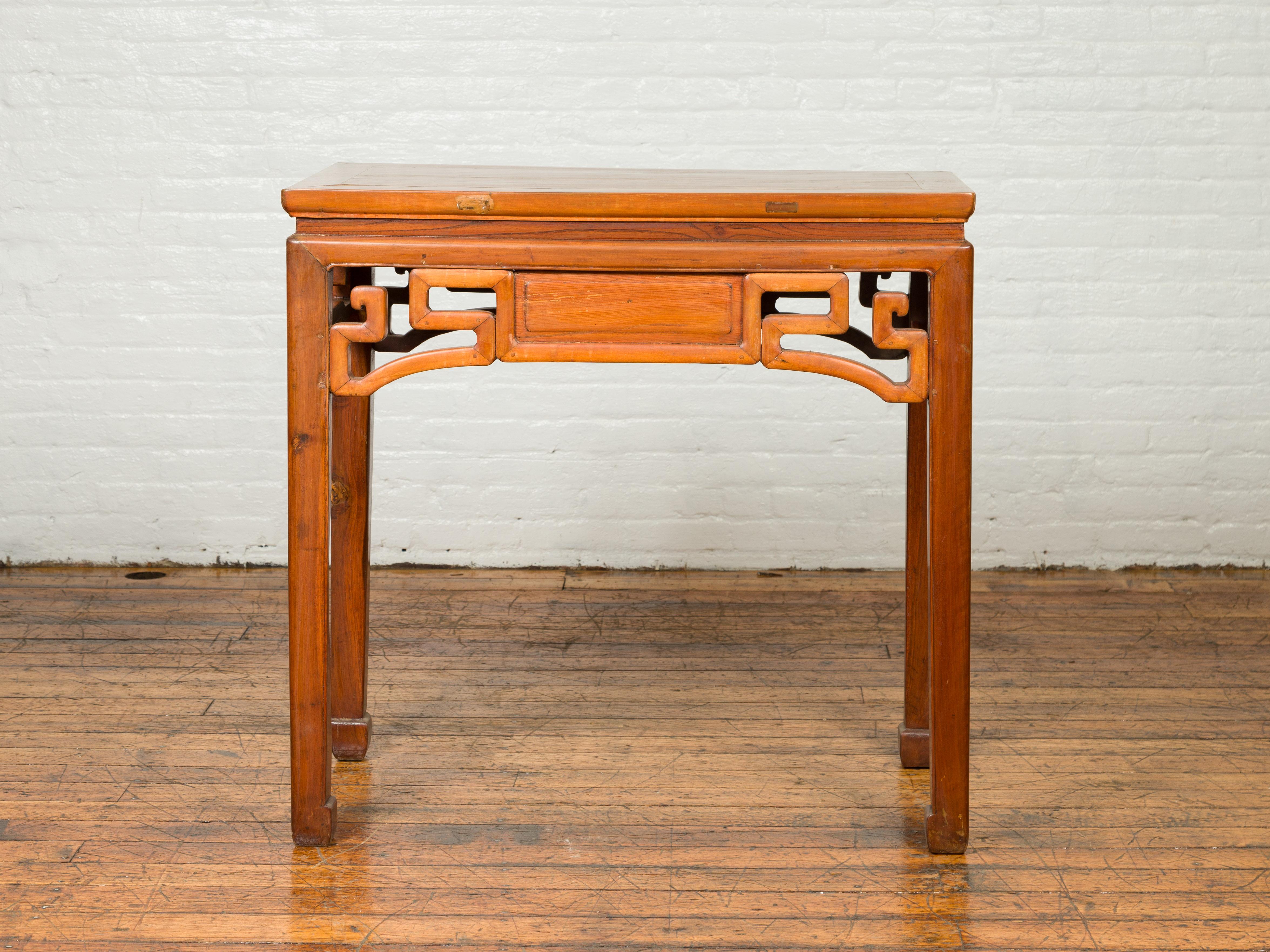 Chinese Ming Dynasty Style Elmwood Table with Single Drawer and Carved Apron 5