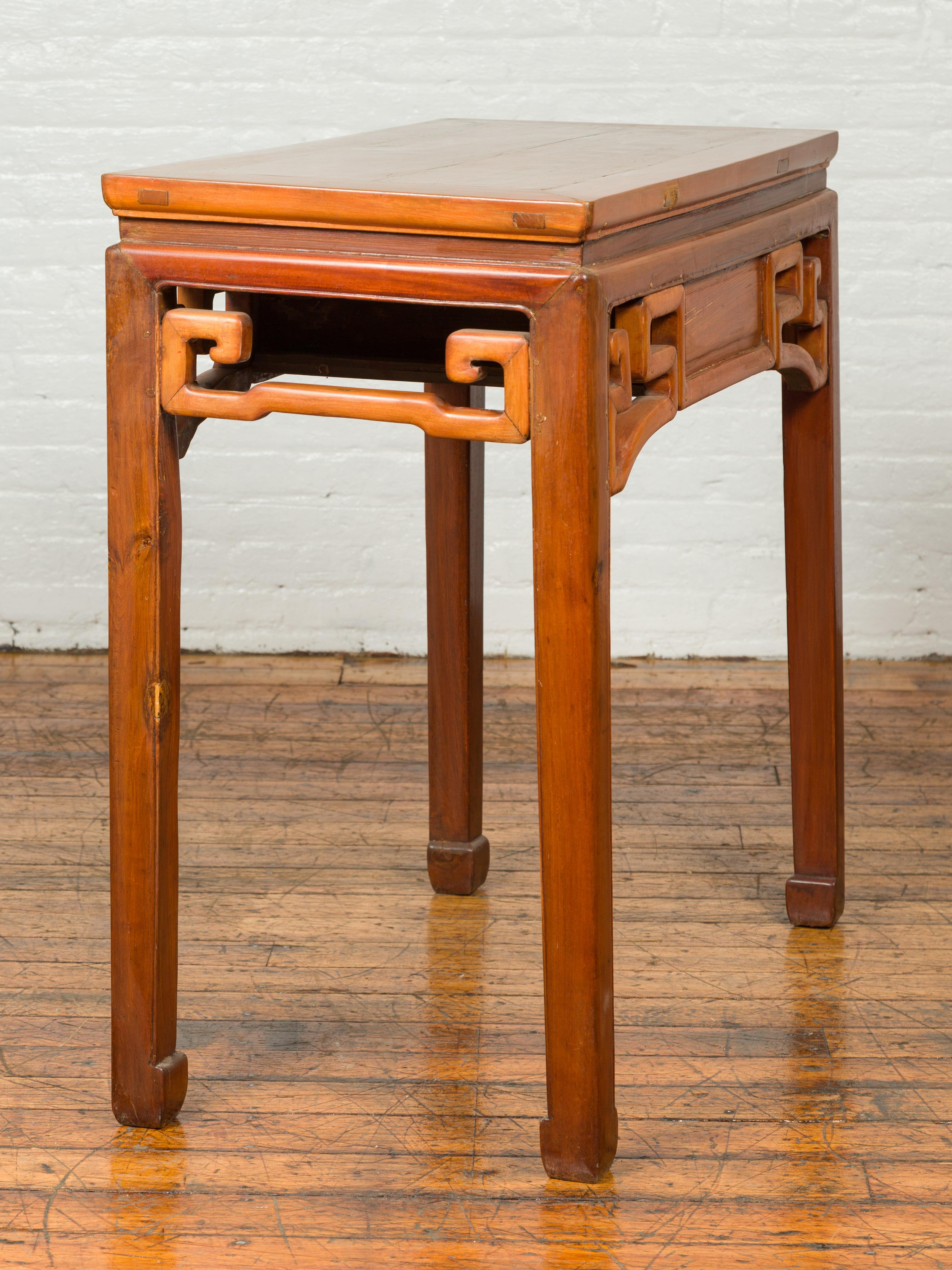 Chinese Ming Dynasty Style Elmwood Table with Single Drawer and Carved Apron 6