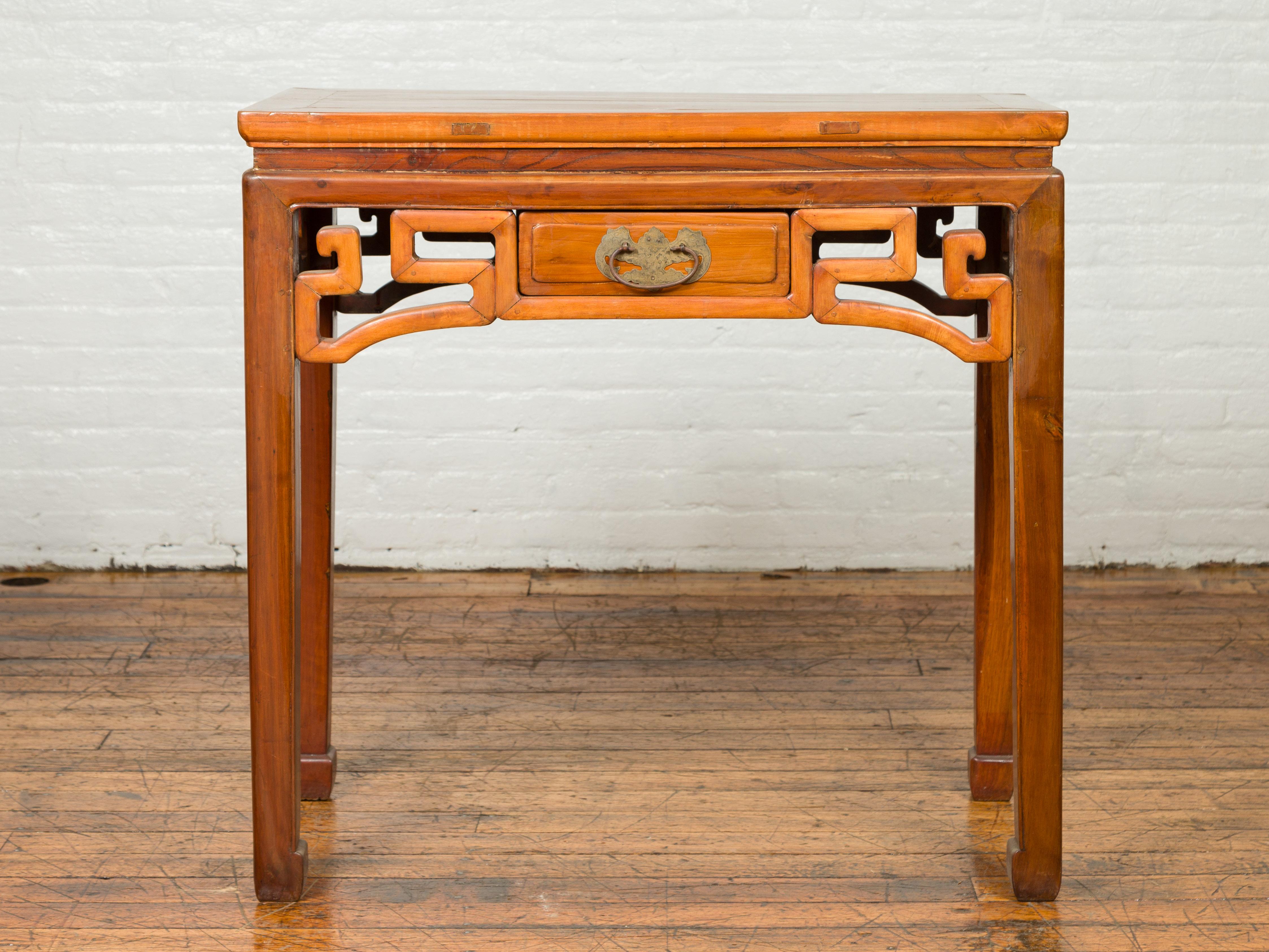 Chinese Ming Dynasty Style Elmwood Table with Single Drawer and Carved Apron 7