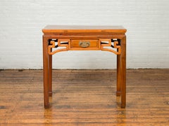 Chinese Ming Dynasty Style Elmwood Table with Single Drawer and Carved Apron
