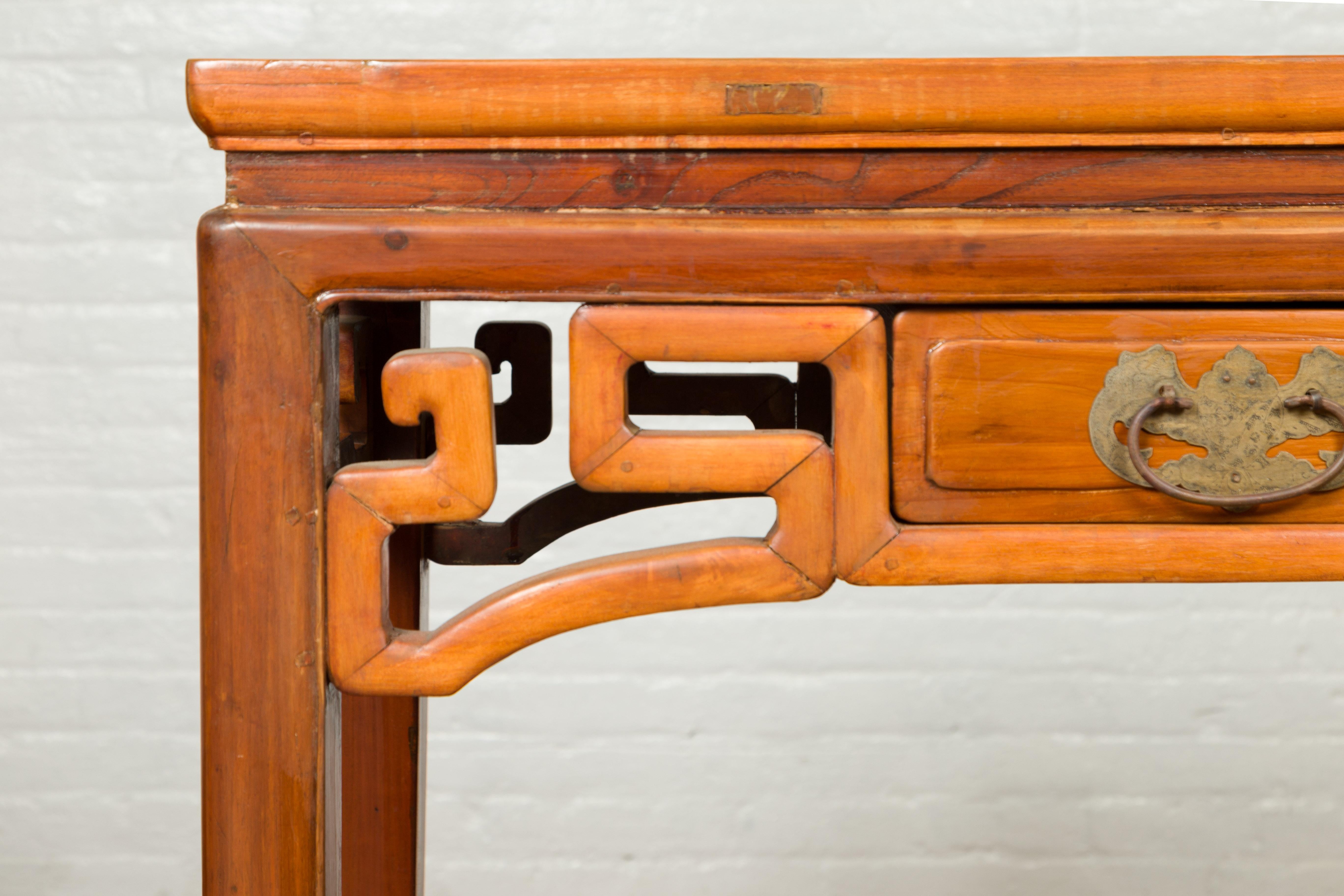 Chinese Ming Dynasty Style Elmwood Table with Single Drawer and Carved Apron In Good Condition In Yonkers, NY