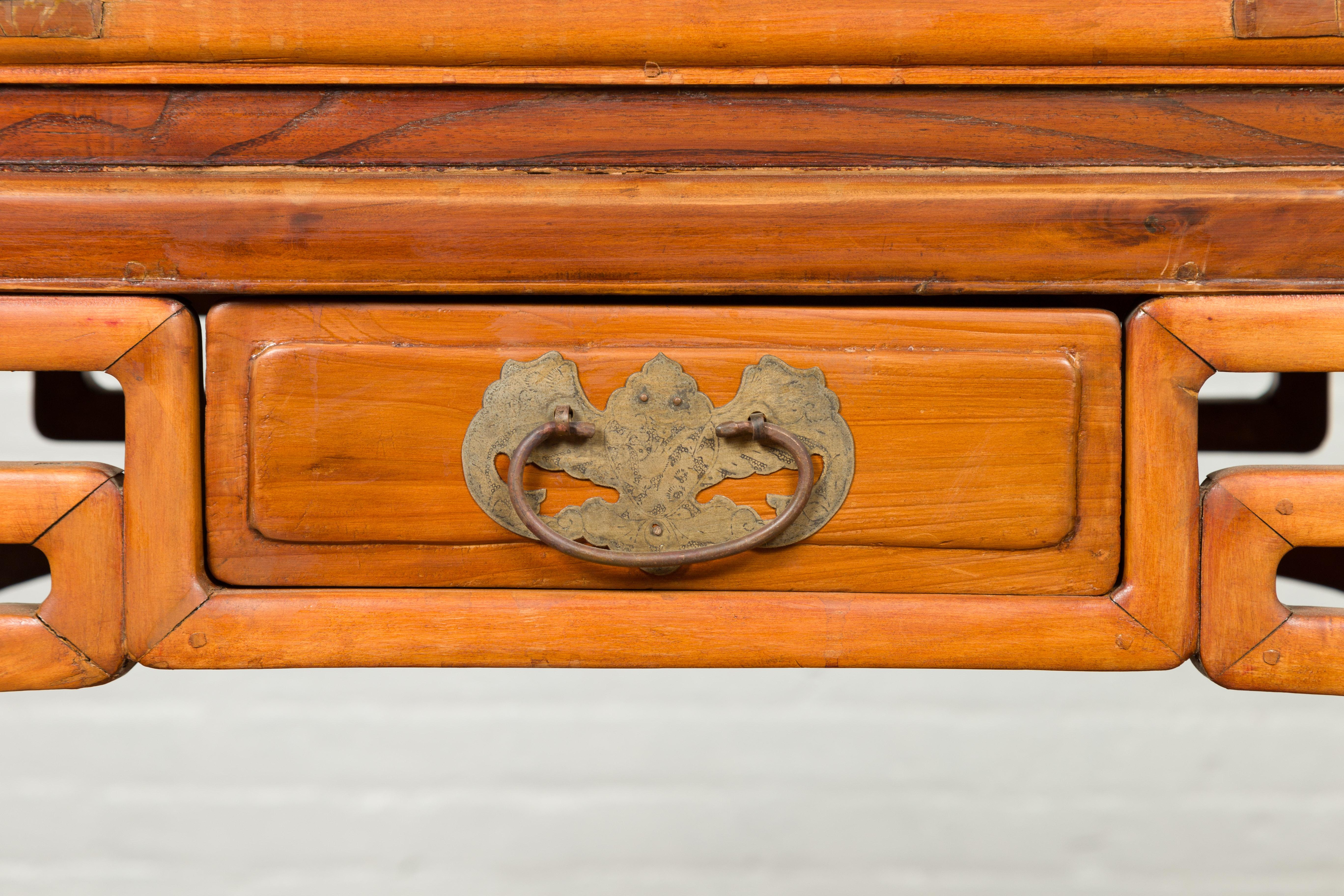 20th Century Chinese Ming Dynasty Style Elmwood Table with Single Drawer and Carved Apron